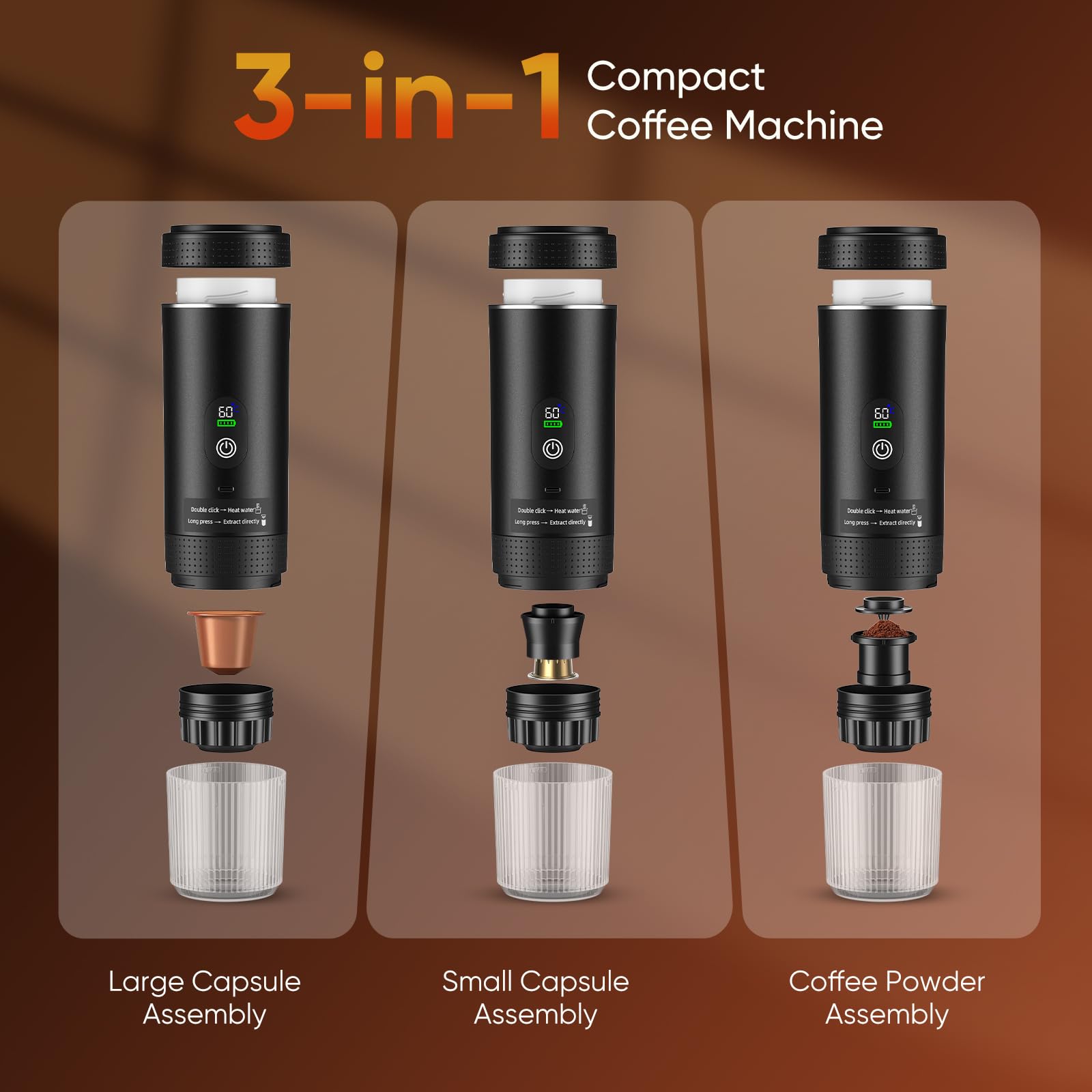 GJCrafts Macchina Caffe Portatile, Caffettiera Portatile 3-in-1 con batteria 7500 mAh,20 Bar, Autoriscaldante,USB-C,Piccola Macchina da Caffè 3 in 1 con Caffè Macinato e Capsule (NS & DG) per Camper - 3