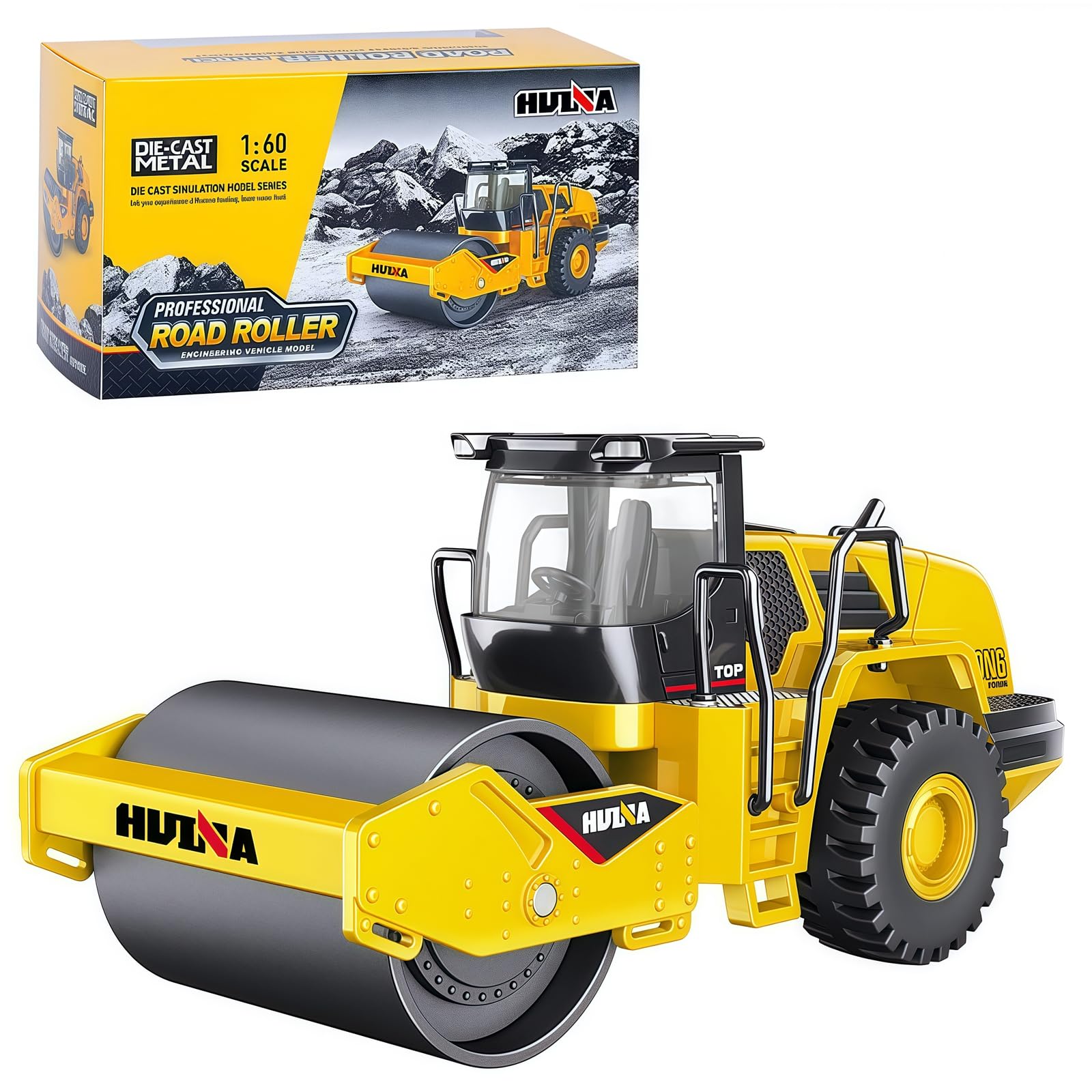 Qcar 1/60 Scale Metal Large Road Roller Toy, Metal Construction Vehicles Model Toy, Outdoor Sandbox Car Toys, Birthday Gift Toddler Boy Kid Child