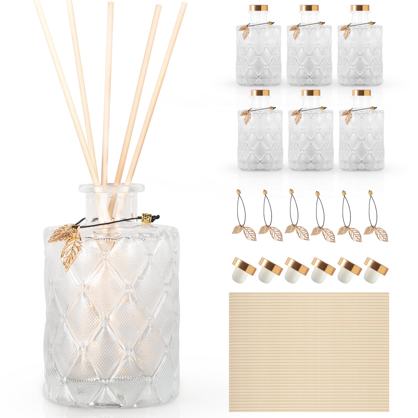 Glass Reed Diffuser Bottles for Decorative, Vintage Embossed Apothecary Style Flower Bud Vases with Cork Lids, Set of 6?Small Leaves ?