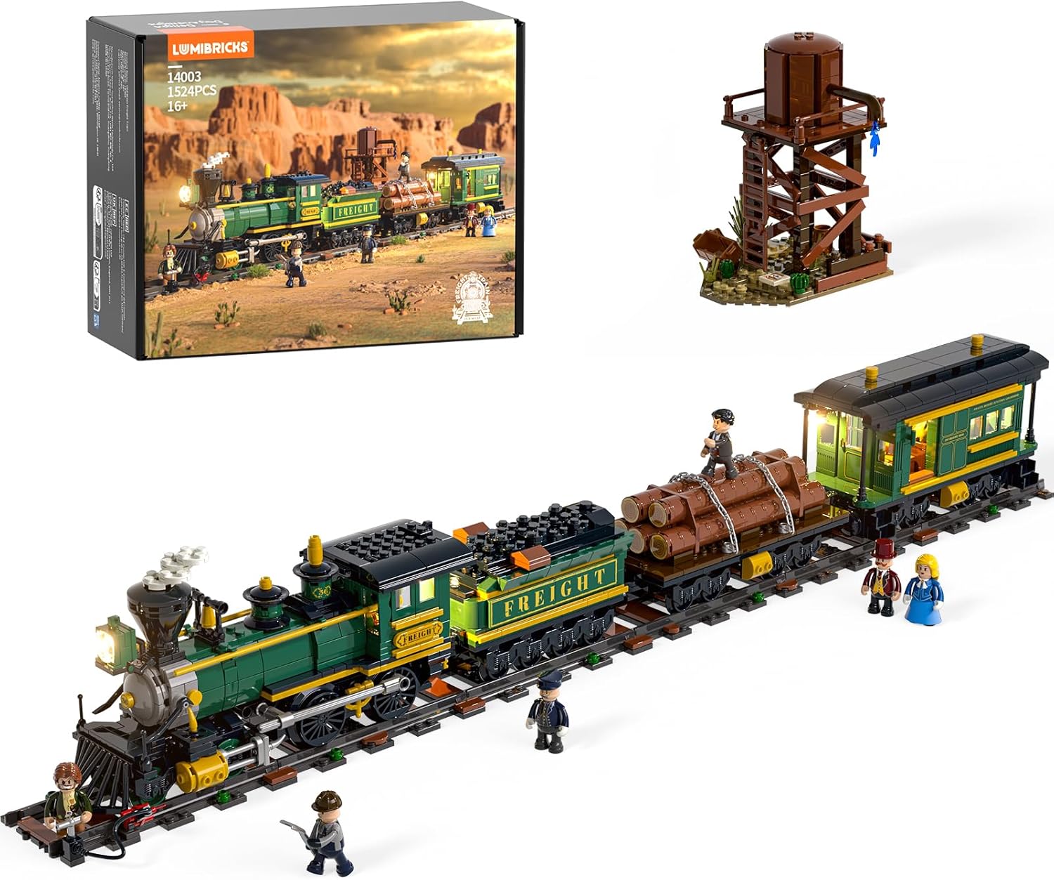 Wild West Freight Train Lighting Building-Bricks Set - Classic 4-4-0 Locomotive Model 1524 Pcs Ideas Kit for Adult and Teens