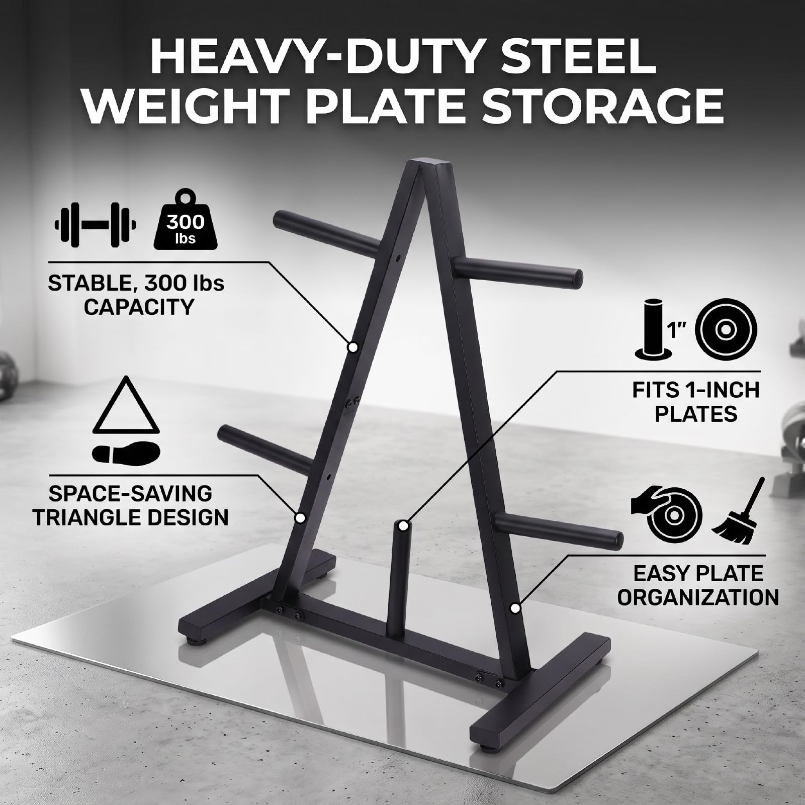 Weight Plate Storage Rack, 300 Lbs Capacity | Trwała stalowa konstrukcja, oszczędność miejsca, łatwa organizacja, trójkątny kształt