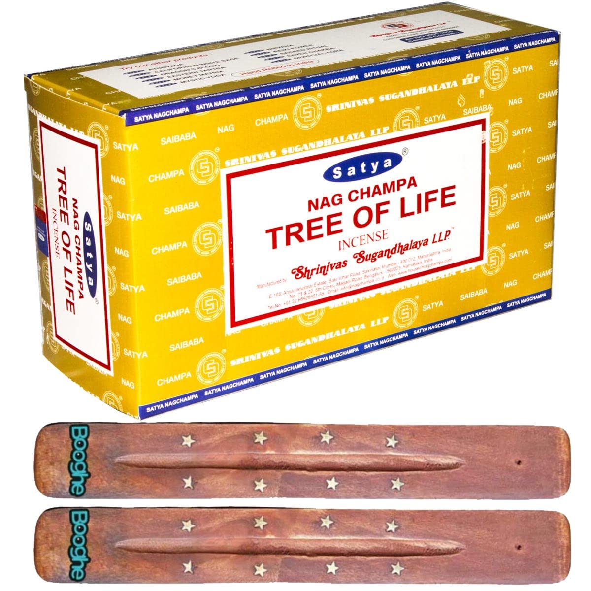 Satya Nag Champa Incense Sticks | x12 pack | with 2 Booghe incense sticks holder (Tree of Life)