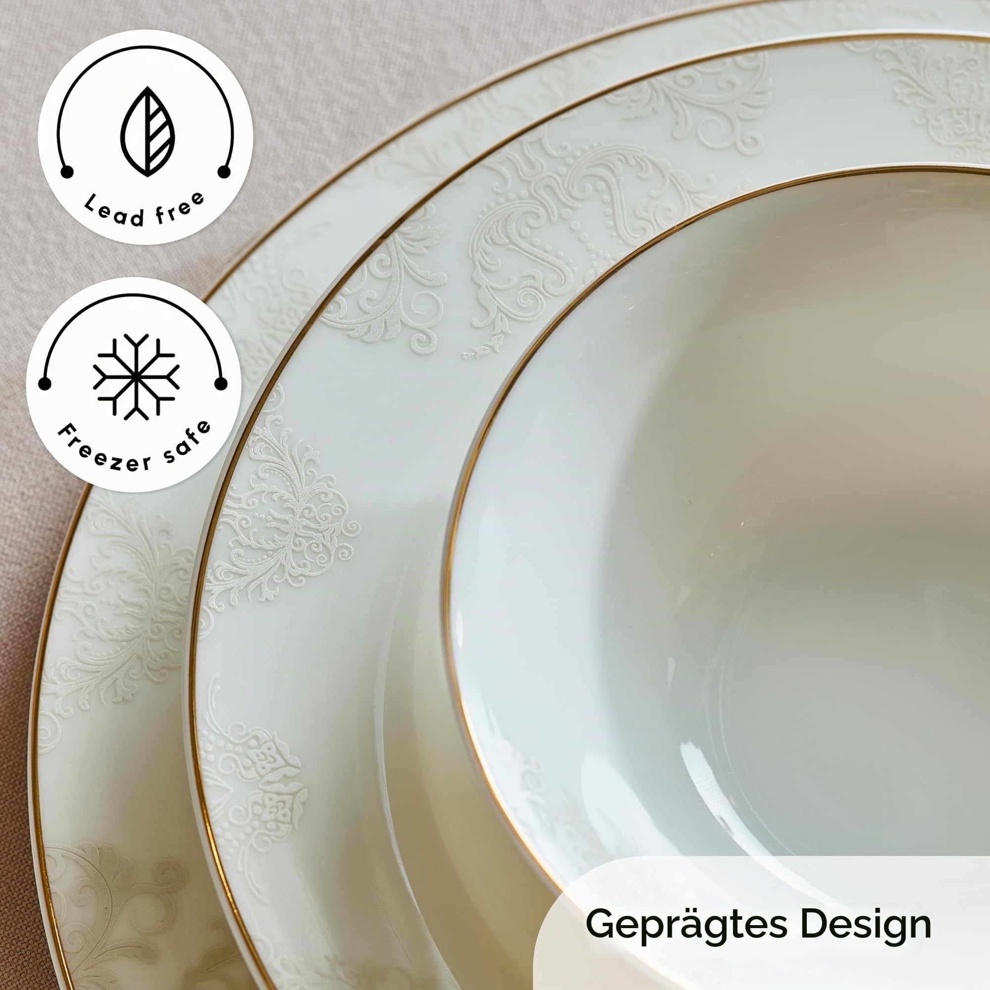 Karaca Elegance Bone Siena - 53-teiliges Geschirrset für 12 Personen, Modern Teller Set aus Porzellan, Geschirr Set mit Suppenschalen, Servierplatte, Tiefe Teller, Dessertteller - Weiß & Gold