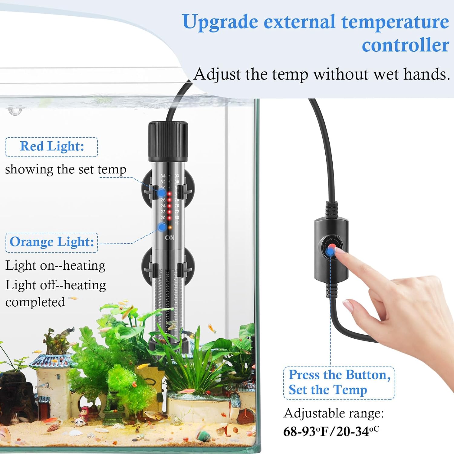 HITOP Thickened Glass Aquarium Heater: 50W 100W 300W Upgraded Fish Tank Heater with Controller, Fish Tank Thermostat Heater for Seawater/Fresh Water 5-65Gal image 3
