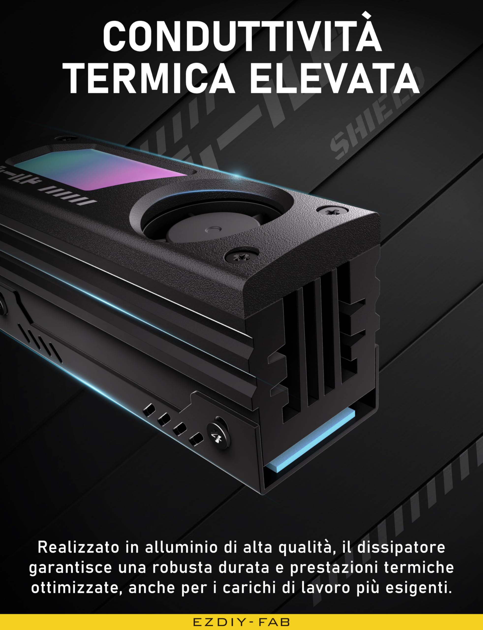 EZDIY-FAB Shield ARGB Dissipatore M.2 SSD con Ventola PWM da 20mm, Design in Alluminio Premium, Sincronizzazione ARGB 5V 3-Pin, Dissipatore Alta Prestazione per M.2 2280,Nero,1 Confezione