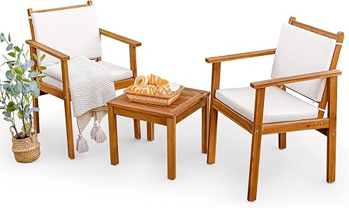 Greesum Juego de 3 sillas de chat para exteriores con cojines resistentes al agua y mesa auxiliar para playa, patio trasero, jardín, color blanco