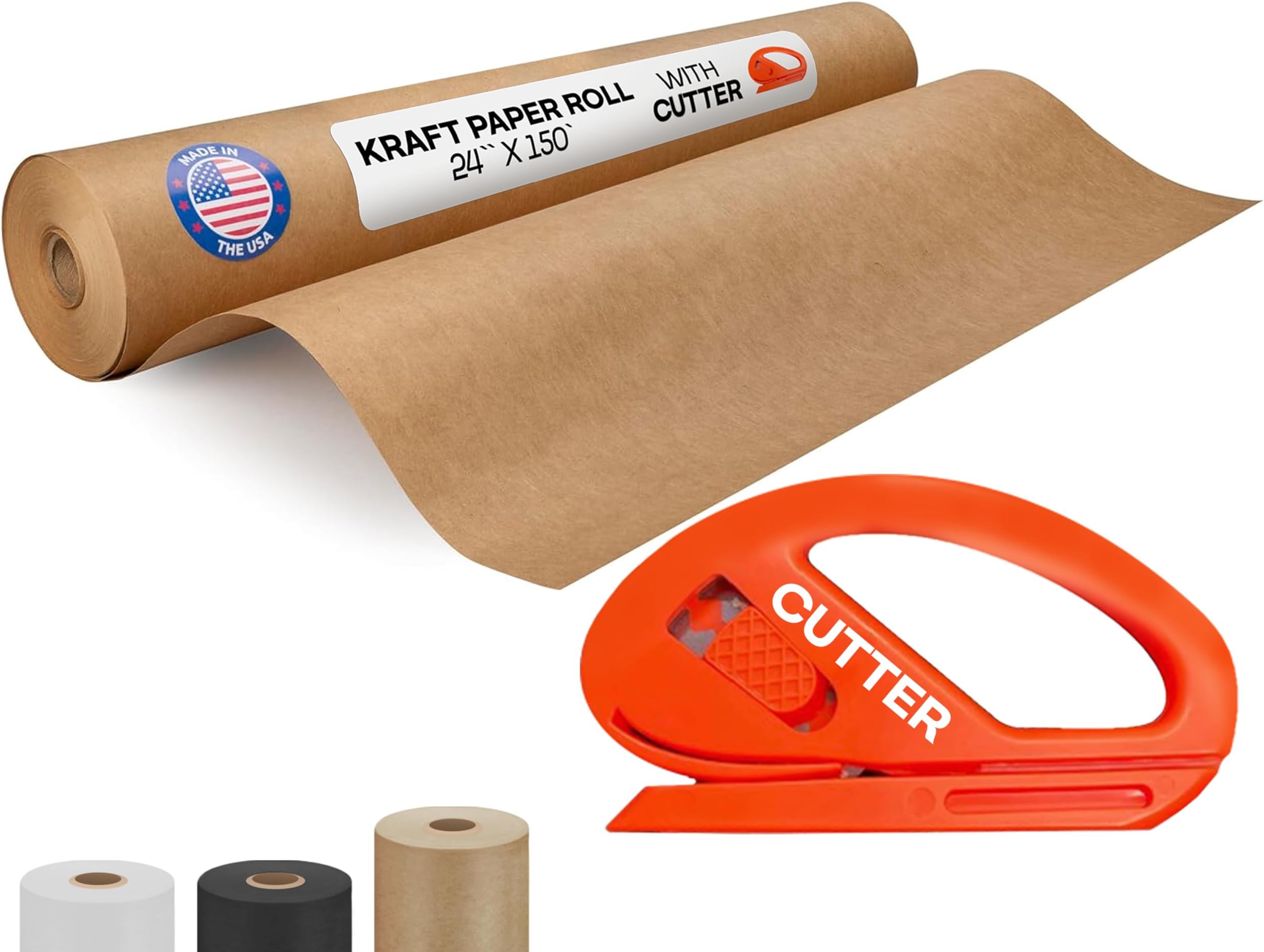 Brown Kraft Paper Roll 24" x 1800" (150 feet) with Cutter - USA-Made Quality Paper 50lb Thickness for Wrapping, Packing, Moving, Shipping, & Crafts/Arts - Natural Kraft Material by IDL Packaging