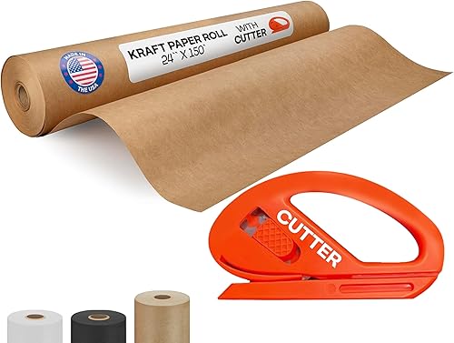 Rollo de papel kraft marrón de 24 x 1800 pulgadas (150 pies) con cortador, papel de calidad fabricado en Estados Unidos, 50 libras de grosor para
