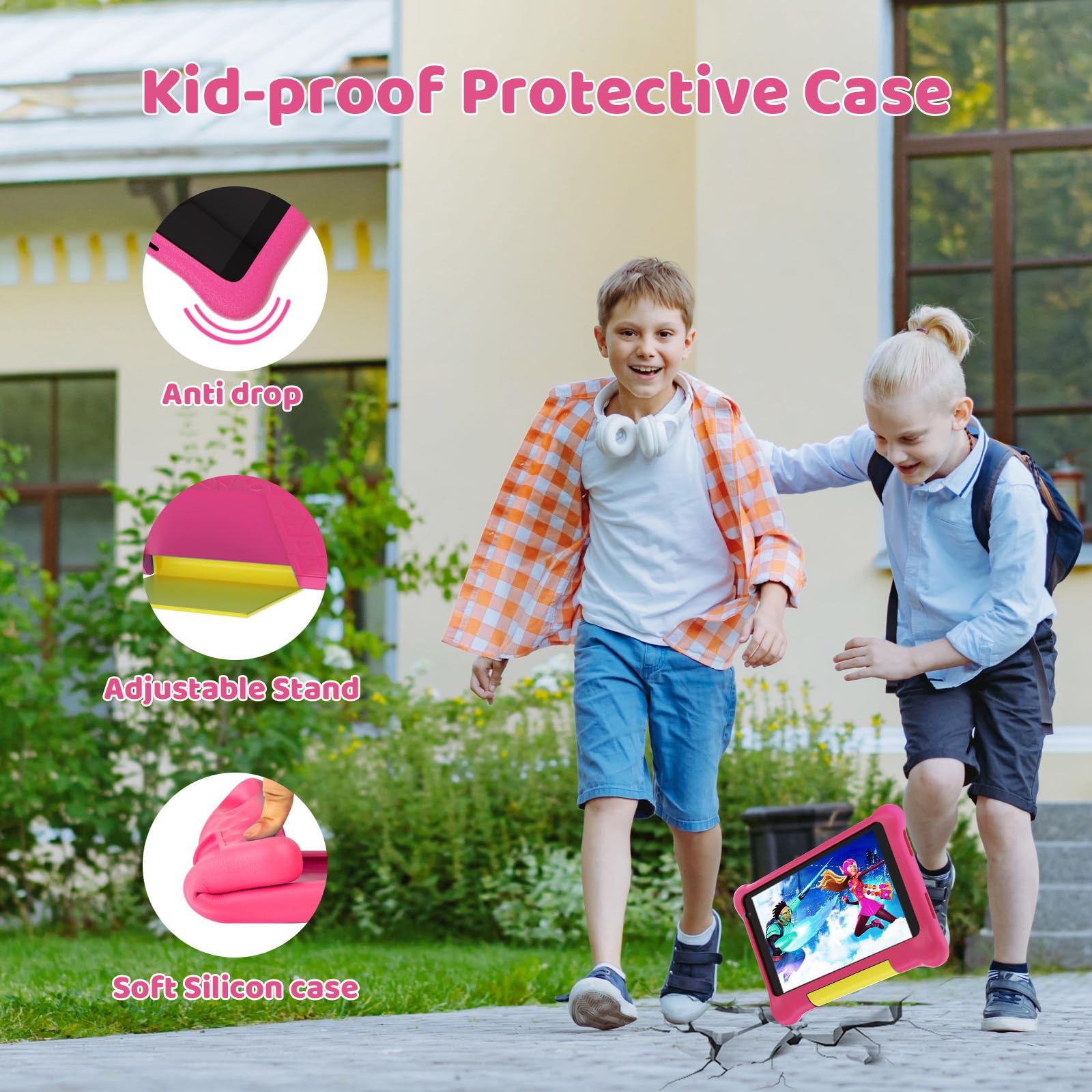 Yicty Tablet dla dzieci 7 cali, system Android z kontrolą rodzicielską i edukacją dzieci, Bluetooth, WiFi, podwójny aparat, GMS, pokrowiec odporny na wstrząsy (różowy)