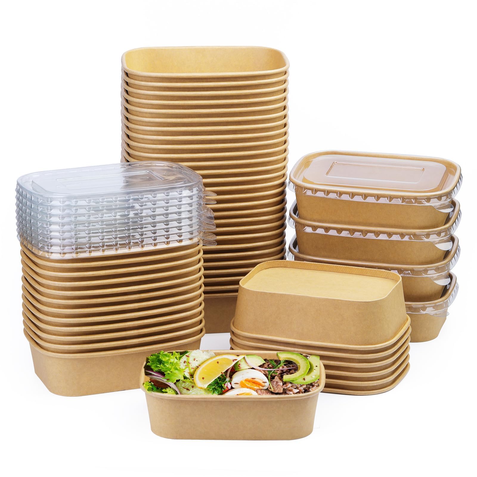 Fniiva 50 ​Pack 19 oz Paper Bowls, Disposable Food Containers with Lids, Rectangular Disposable Bowls, Disposable Salad Bowls with Lids for Diet Salad