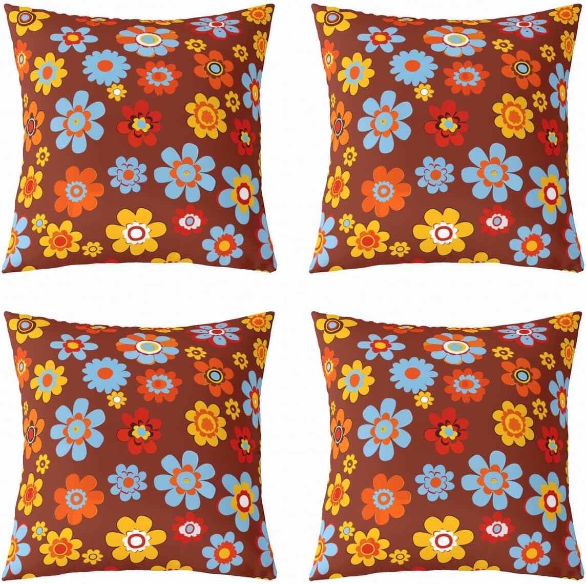 Pack of 4 Groovy Flower Power Throw Pillow Covers 16x16 Cute Boho Floral Pillow Covers 60S 70S Hippie Cushion Covers for Kids Girls Teen Women Kawaii Colorful Vintage Bohemian Cushion Cases Brown