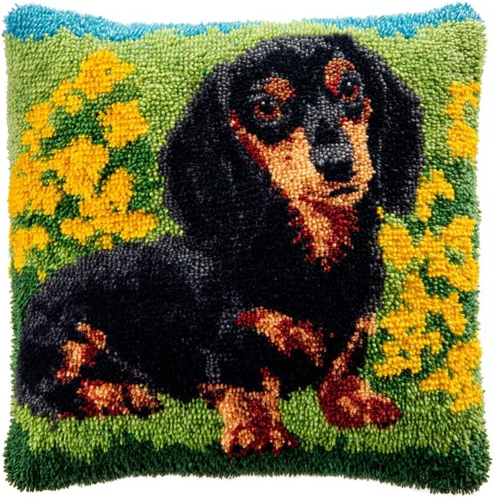 Latch Hook Pillow Kit Black Long Hair Dachshund Dog in Flowers with Pre-Printed Pillow Cover DIY Pillowcase Crochet Yarn Hooking Craft Set for Hobby and Home Decor 43x43cm