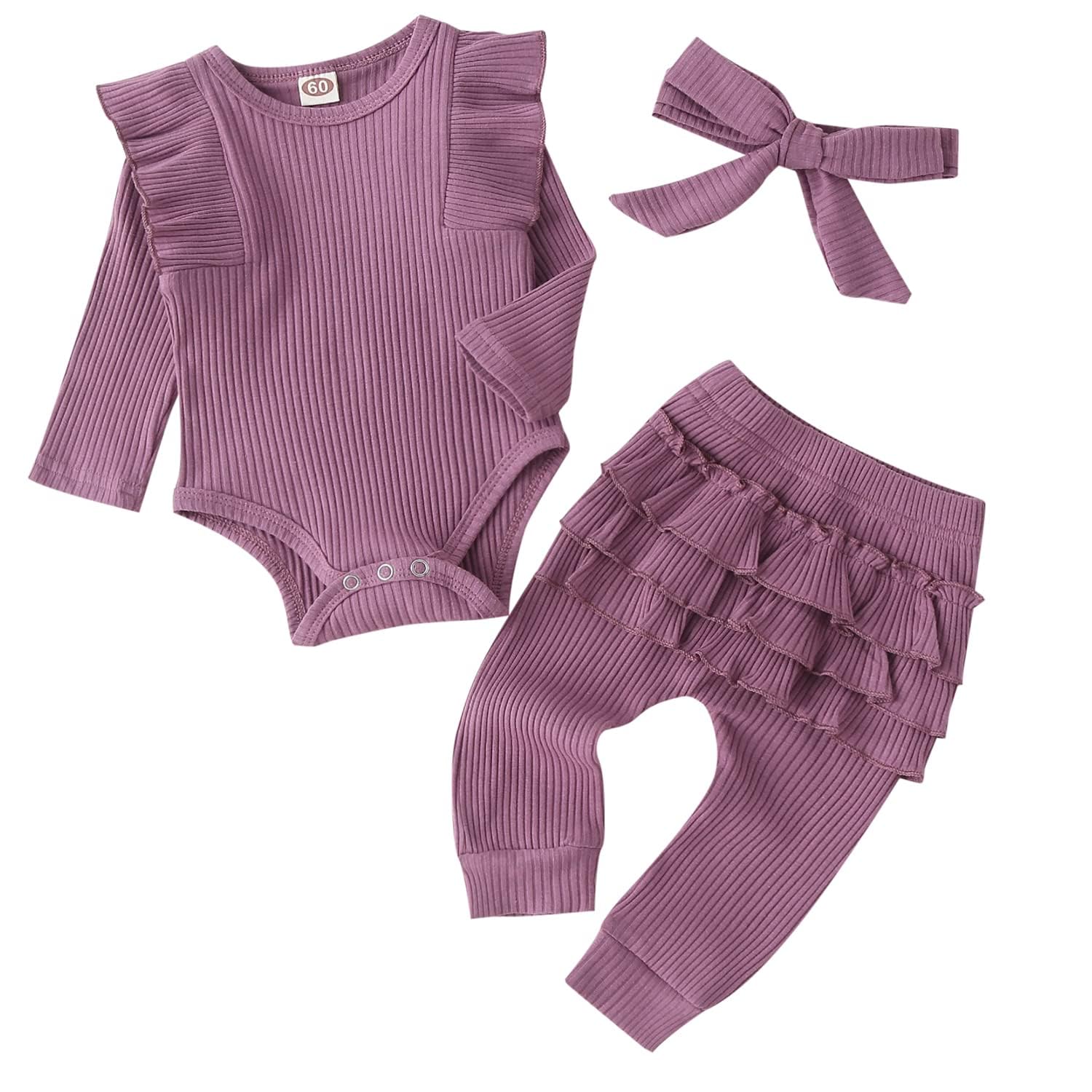 Fullfamous Baby Girl's 3pc Rib Frill Long Sleeve Romper and Pant Set