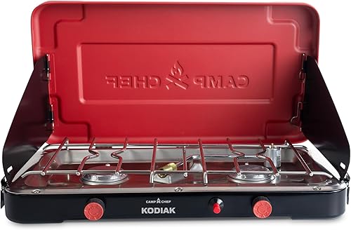 Camp Chef Mountain Series Kodiak - Estufa de campamento de dos quemadores de alto rendimiento - La tapa se dobla como parabrisas - Estufa de cocina