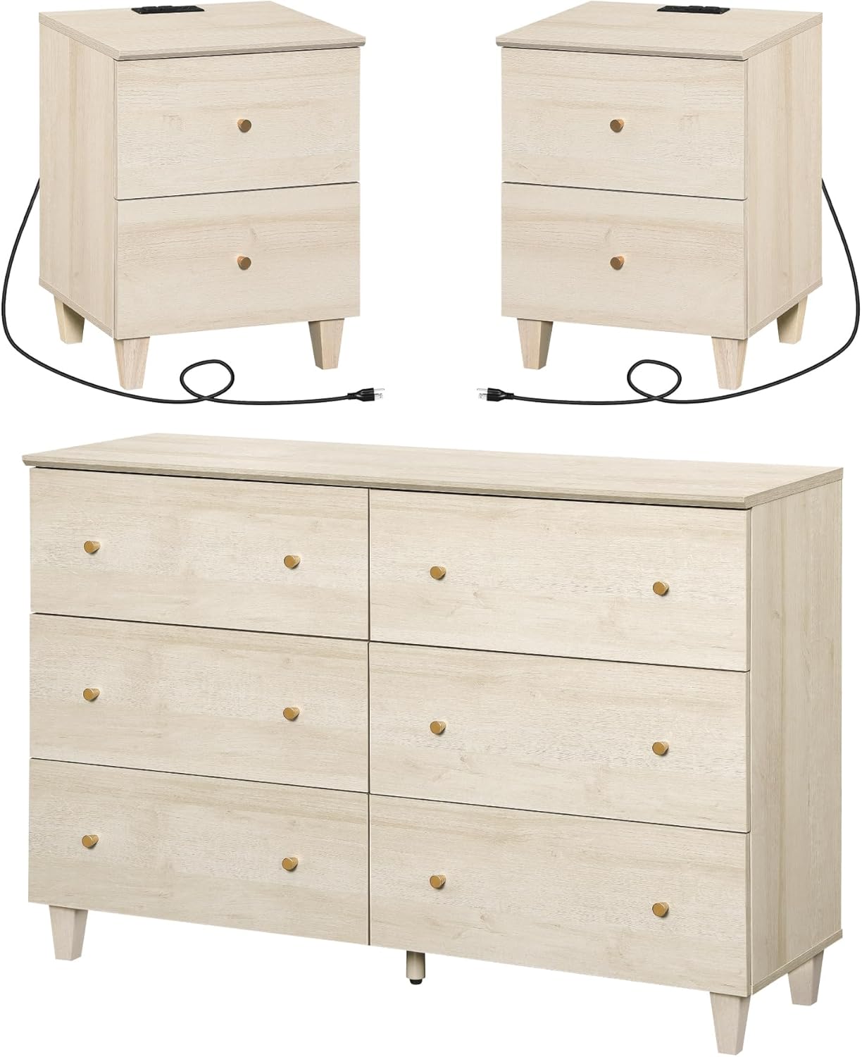 WAMPAT Dresser and Nightstands 3 Pieces, 47.2 Inches Wood Dresser with 6 Drawers, Set of 2 Night Stands with Drawers and Charging Stations, Bedroom Chest of Drawers and Bedside Tables Set, Light Oak