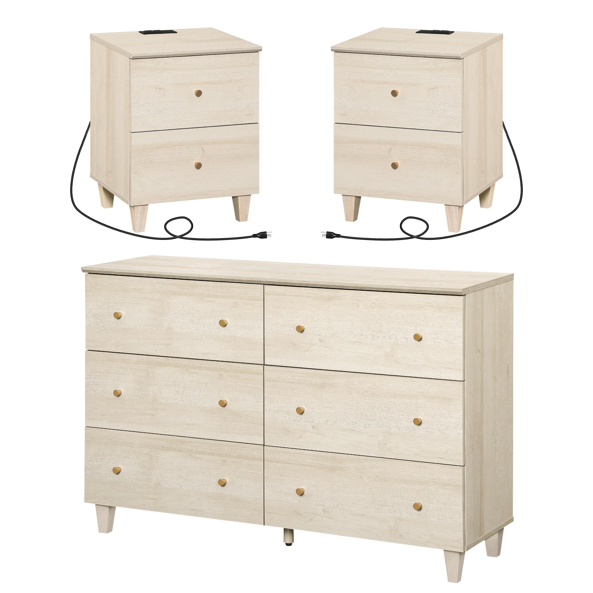 WAMPAT Dresser and Nightstands 3 Pieces, 47.2 Inches Wood Dresser with 6 Drawers, Set of 2 Night Stands with Drawers and Charging Stations, Bedroom