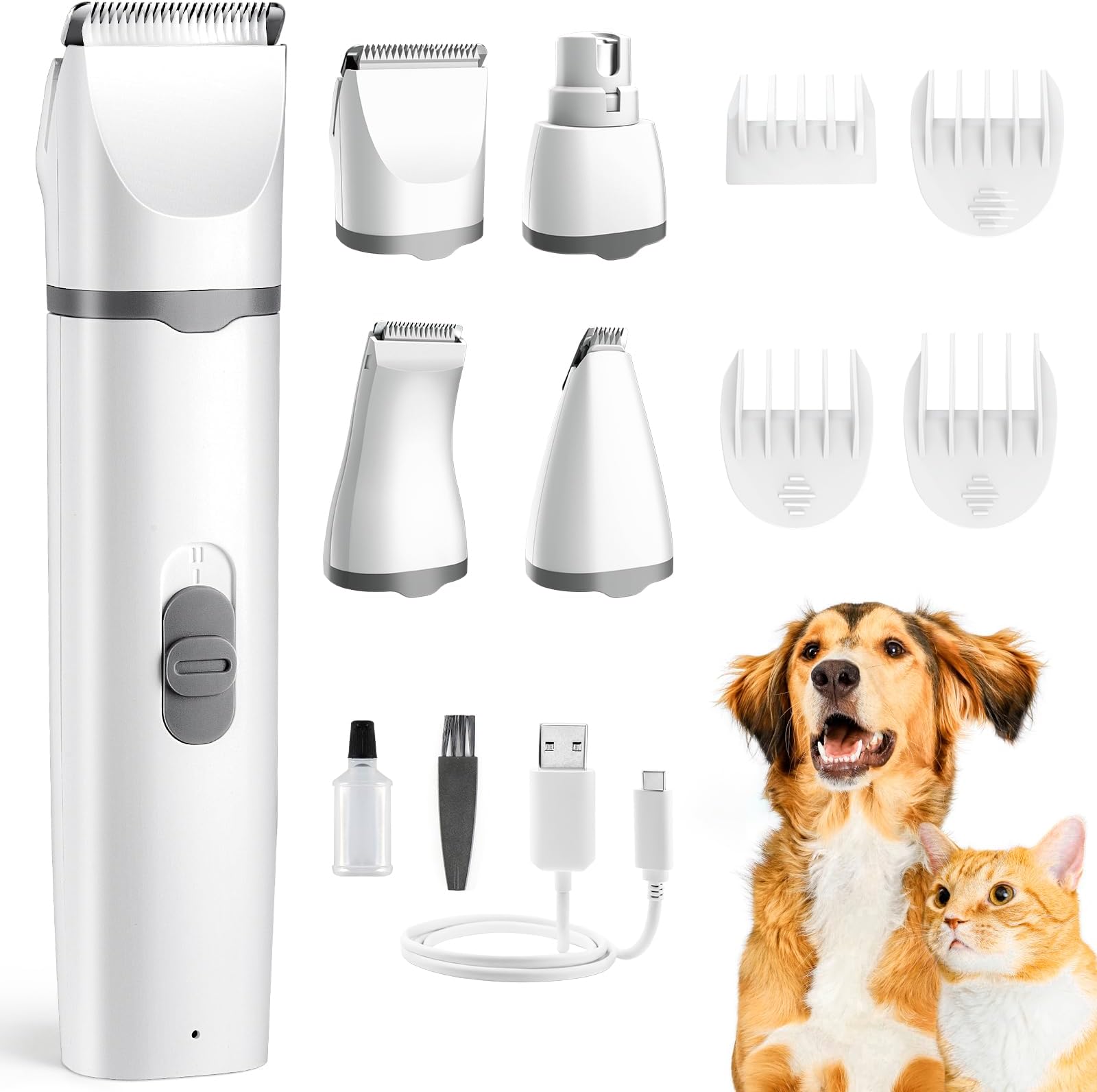 Masagotti Dogs Hair Clippers Grooming Kit with Nail Grinder, 4 in 1 Cordless Electric Trimmer Low Noise USB Pet Clippers for Dogs Cat,Grooming Paws, Eyes, Ears, Face,Matted Hair