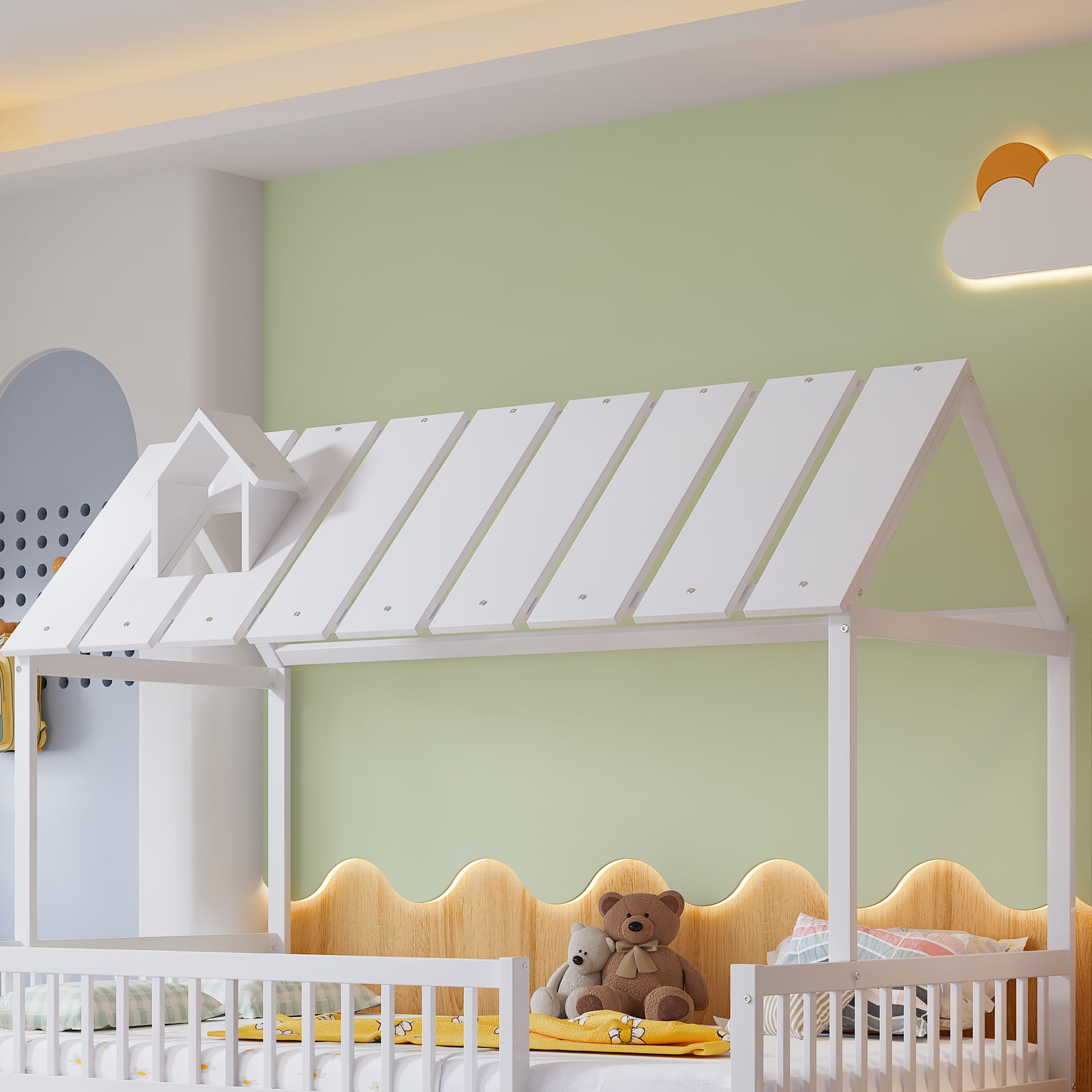 LAKFEW Cama Casita Cama Infantil 120x200 cm con Cama Nido, Camas Montessori Infantil con Techo y Barandilla de Seguridad, Camas Infantiles para 2 Niños, Blanco, Sin Colchón