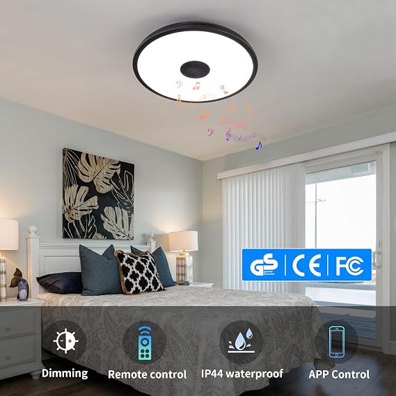 Black Smart Waterproof LED Flush Mount Ceiling Light Fixture,18W,with Bluetooth Speaker,RGB Color Changing Function-Dimmable Lamp,Tuya Application Control-Compatible with Alexa Google Home [Energy Class E]