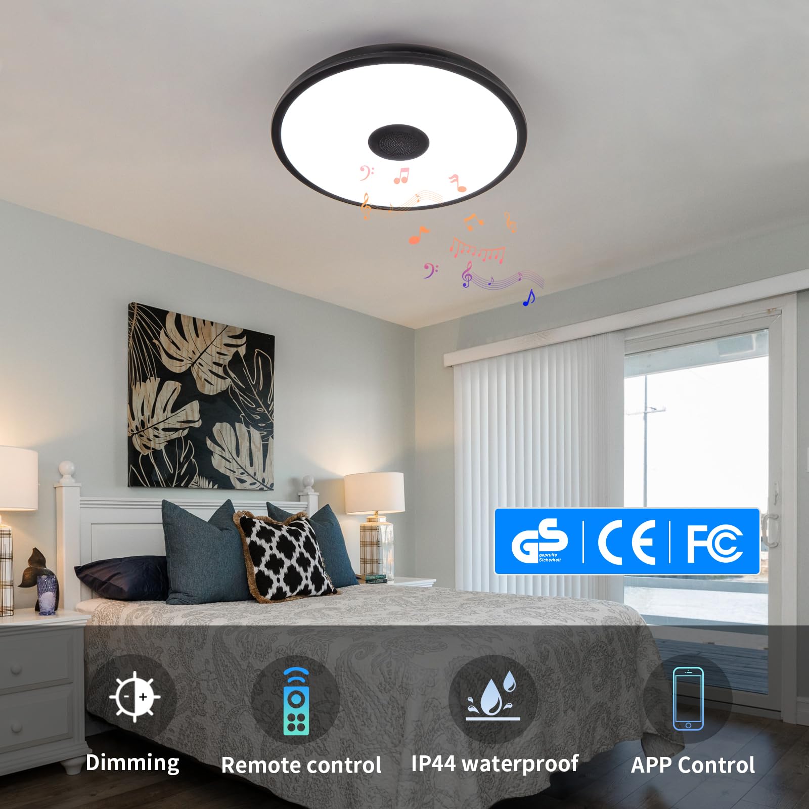 Lámpara de techo LED inteligente impermeable negra, 18 W, con altavoz Bluetooth, función de cambio de color RGB, lámpara regulable de 2700 K-6500 K, control de aplicación Tuya, compatible con