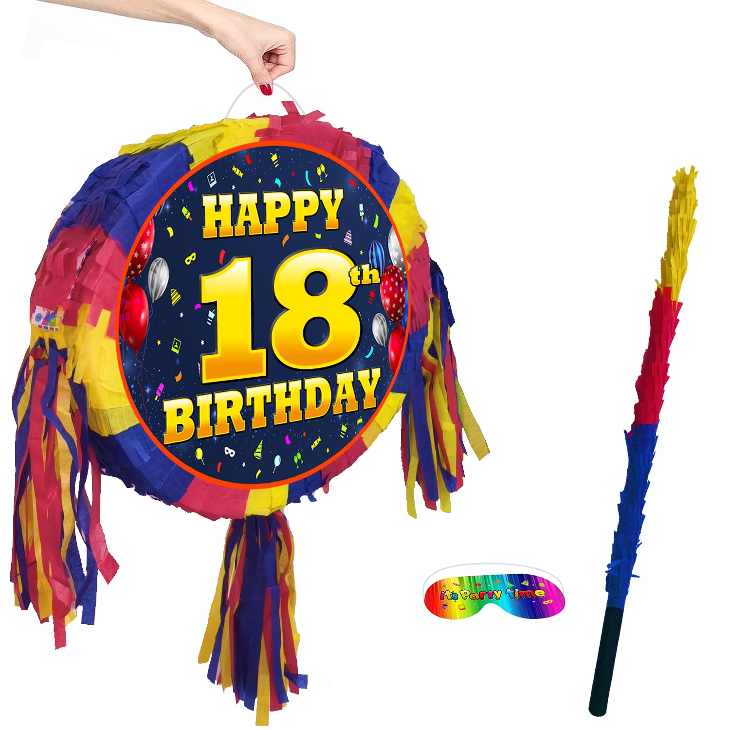 18th birthday pinata with stick - Eighteen party game - Big 18 inch, Red, Blue, Yellow