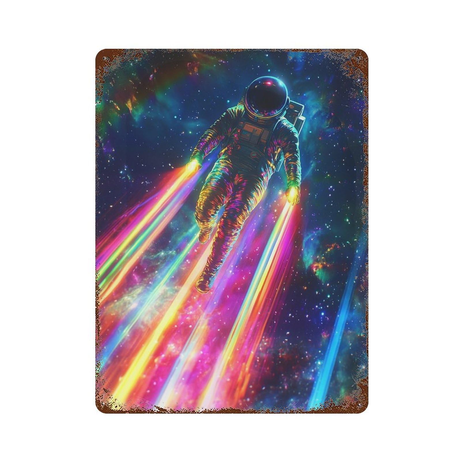 Cosmic Astronaut Rainbow Lights Vintage Rust Metal Sign 15.7"x11.8", for Basement, Hobby Room And Garage Decor, Retro Wall Decor