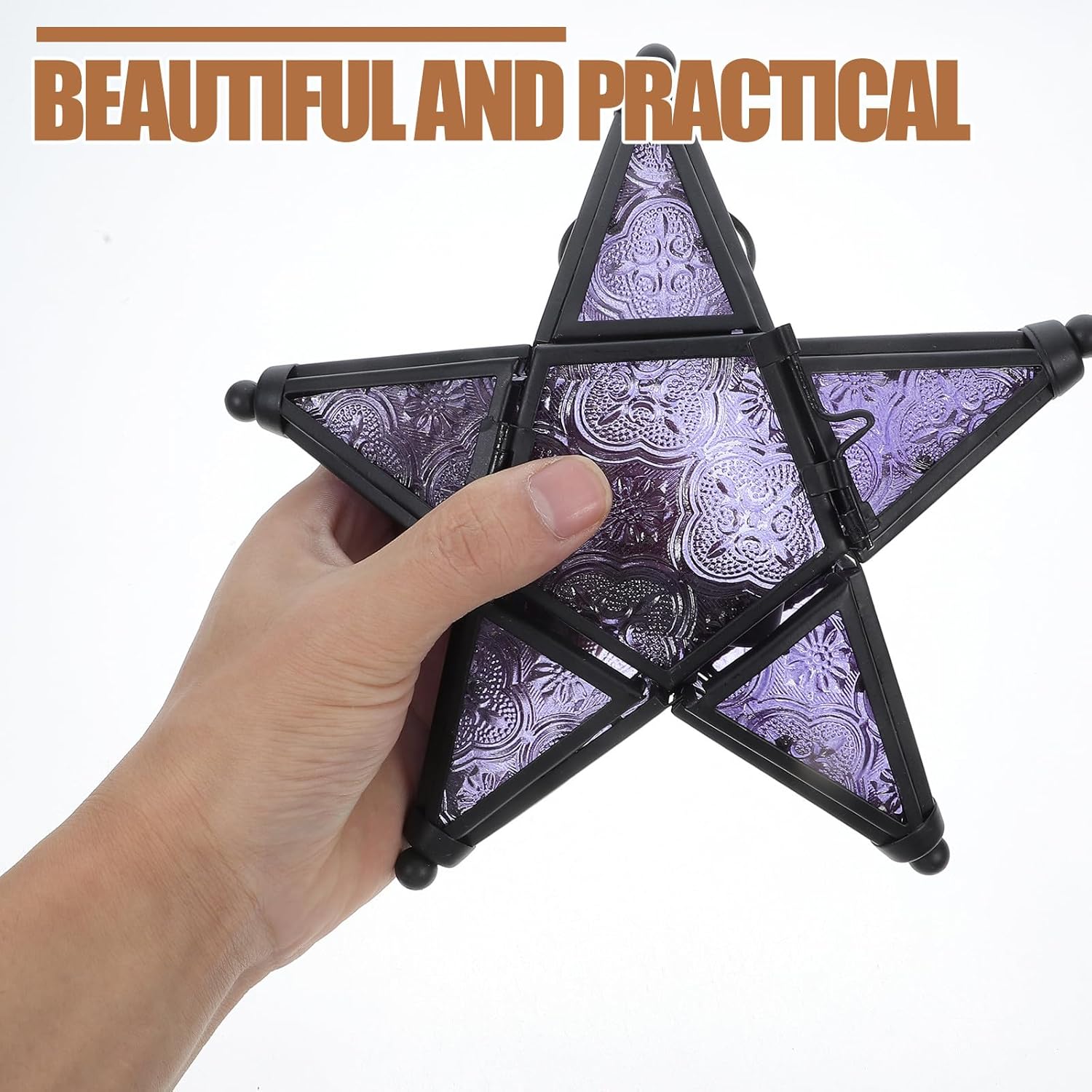 TOYANDONA Decorative Star Lantern Glass Candle Holder Hanging Iron Art Tea Light Lamp Purple Rustic Outdoor Indoor Patio Home Décor