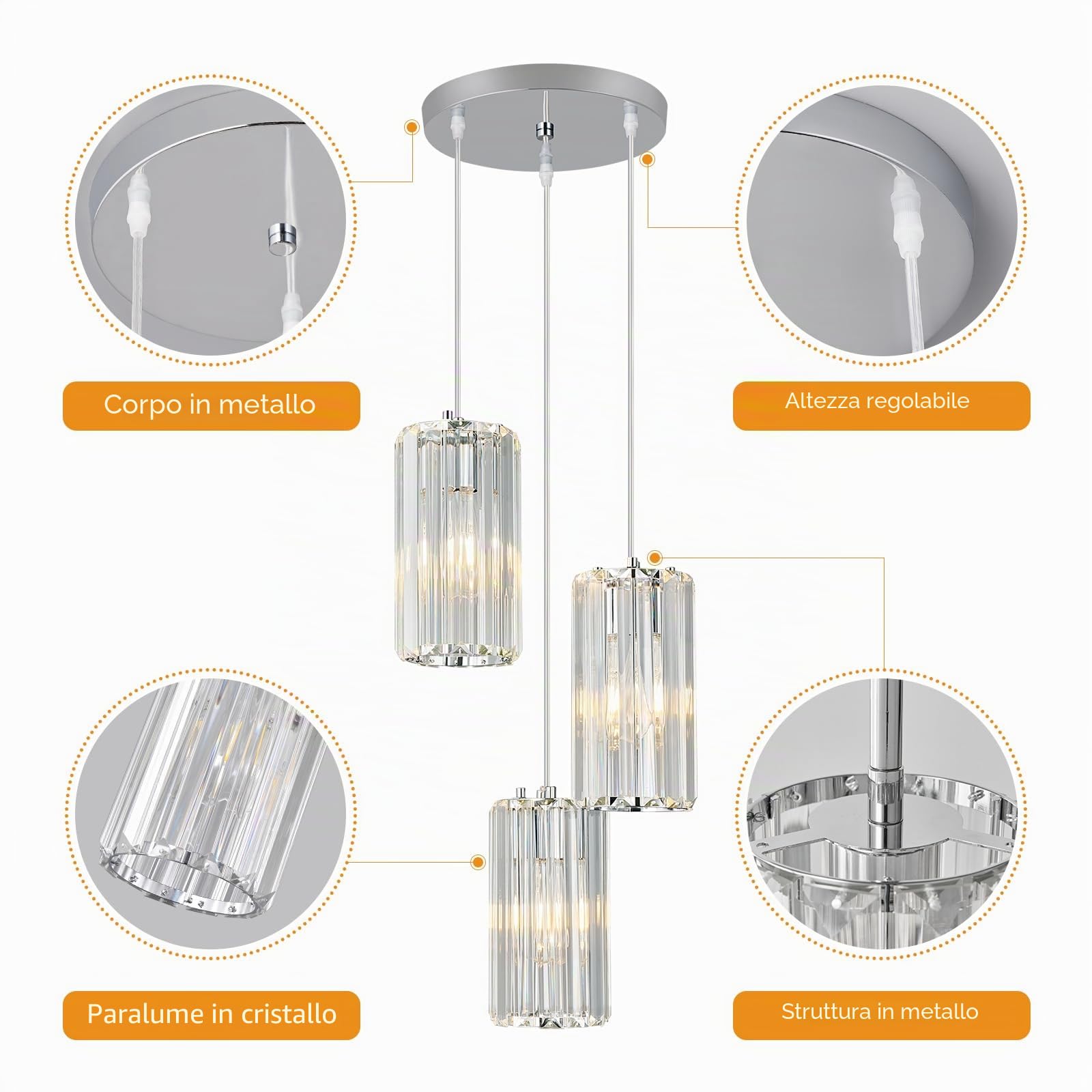 Lampadario Moderno Lampadario, Mini Lampadario In Cristallo, Cucina Isola Sala da Pranzo Corridoio Camera Da Letto Lampadario Regolabile (Cromo 3 - Luce)