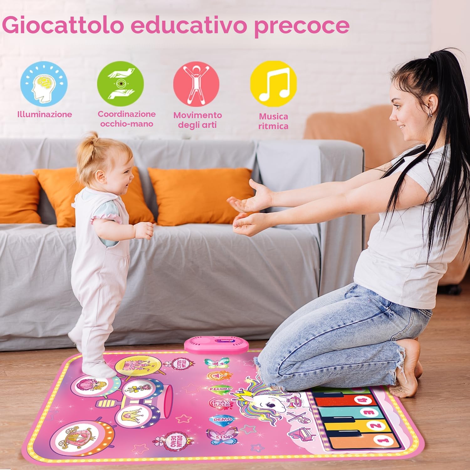 Lobyoh Giocattoli per Bambini di 1 Anno, Tappeto Musicale 2 in 1 con Pianoforte e Tamburo per Bambini, Tappeto Sonoro Regalo Principessa per Ragazze di 1 2 3 4 5 Anni
