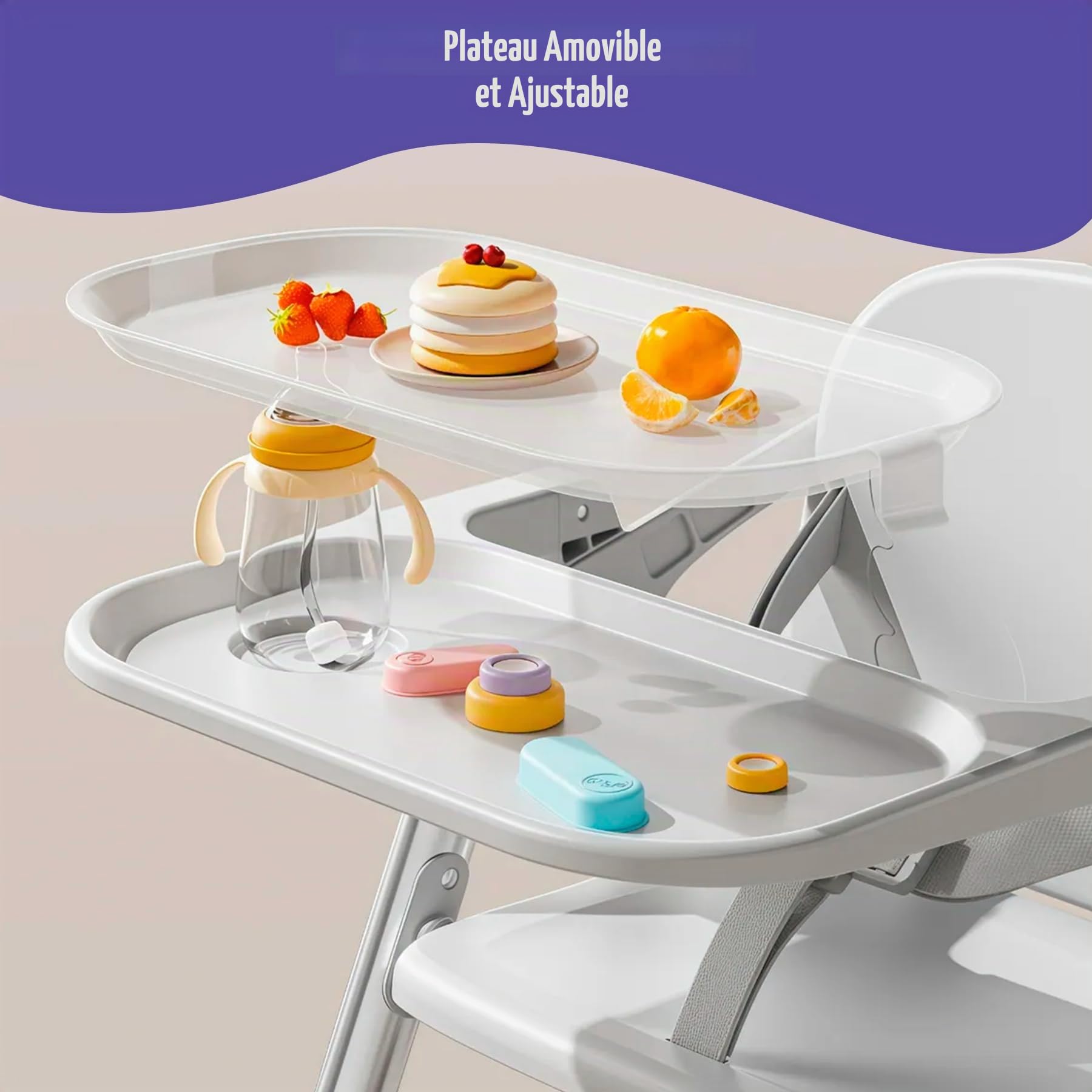 Chaise Haute Bébé Portable Pliable 2 en 1, Rehausseur de Chaise avec Sangles de Fixation, 4 Hauteurs Réglables, Plateau Amovible, Sac de Transport, 6-36 Mois jusqu’à 15 kg (Gris + Argent)