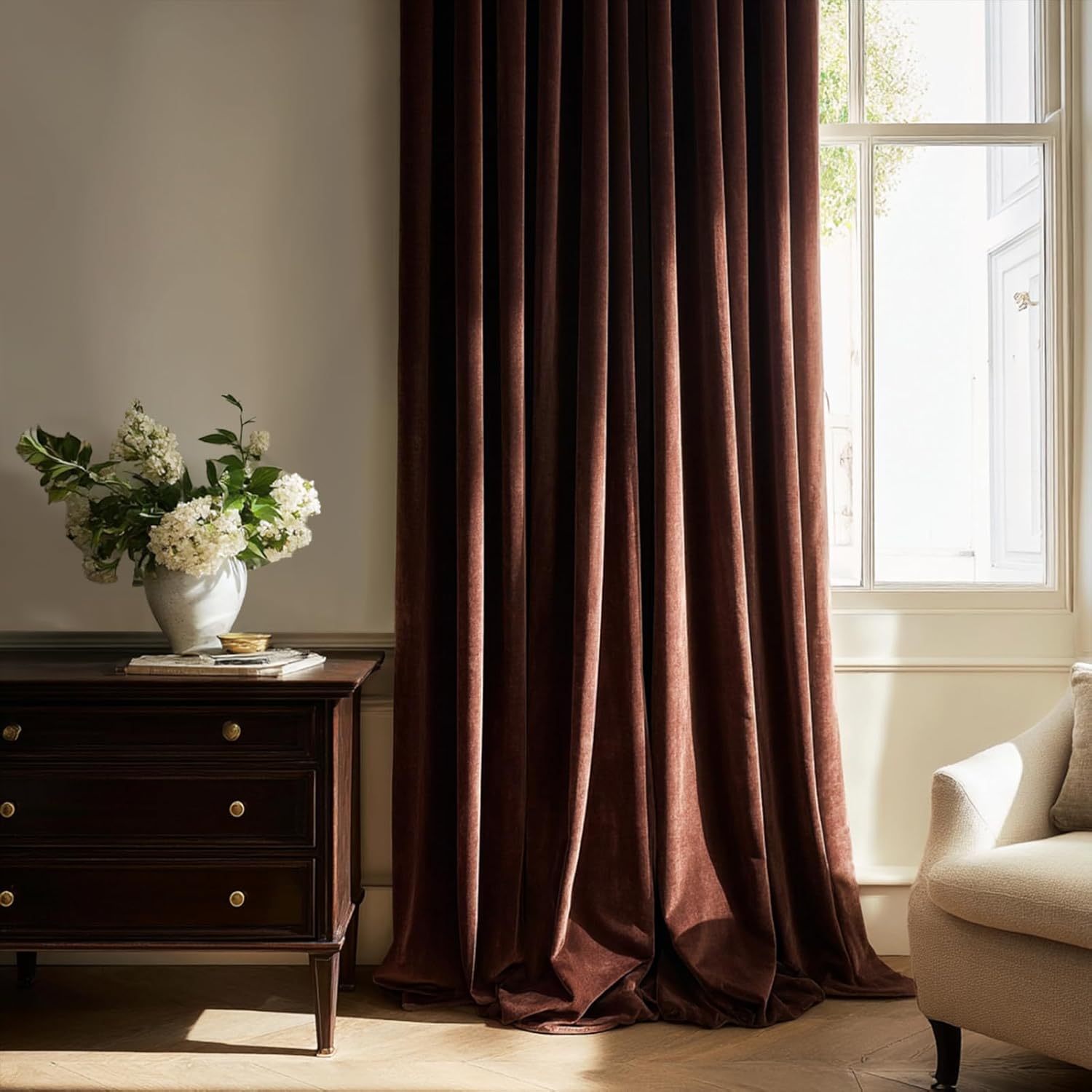 108 Inch Long Brown Velvet Blackout Curtains for Living Room Bedroom Large Window Pinch Tan Luxury Blackout Soundproof Light Blocking Pleated Drapes for Home Decor,Truffle Set of 2,W60 Brown 60"W x 108"L (Pack of 2)