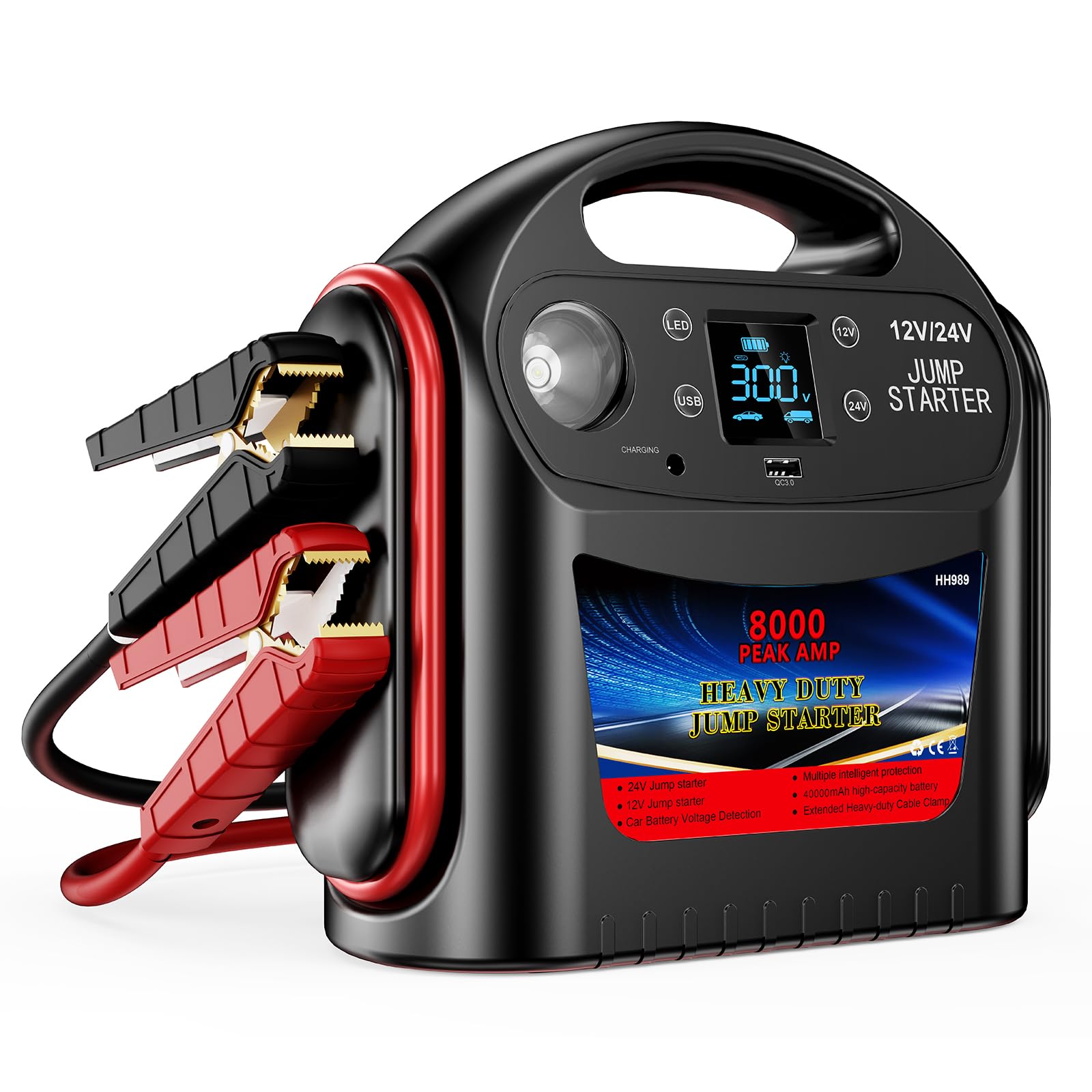 8000A Car Battery Jump Starter for All Gas/Diesel,12V/24V Intelligent Car Jumper Starter Battery Pack, Heavy Duty Portable Jump Box Power Pack with LED Light