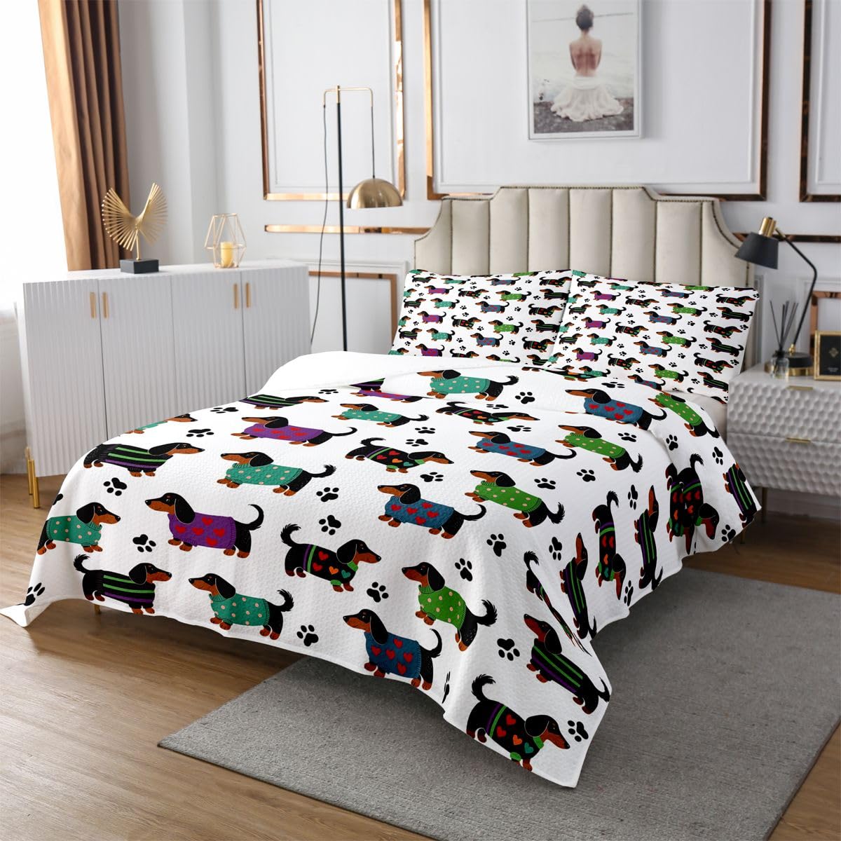 Manfei Lindo edredón de perro salchicha tamaño individual, juego de colcha de patas de perro, 2 piezas, regalos para amantes de los perros, colcha acolchada con 1 funda de almohada, decoración de