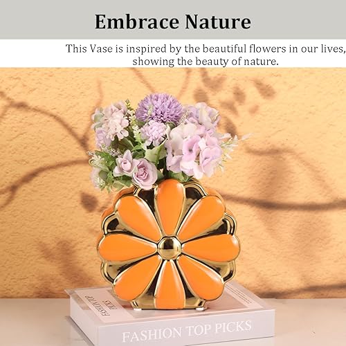 Miniatura 8 de Florero de cerámica naranja y dorado para flores, hierba de pampas, jarrón único y elegante en forma de flor para decoración de estantes, jarrón