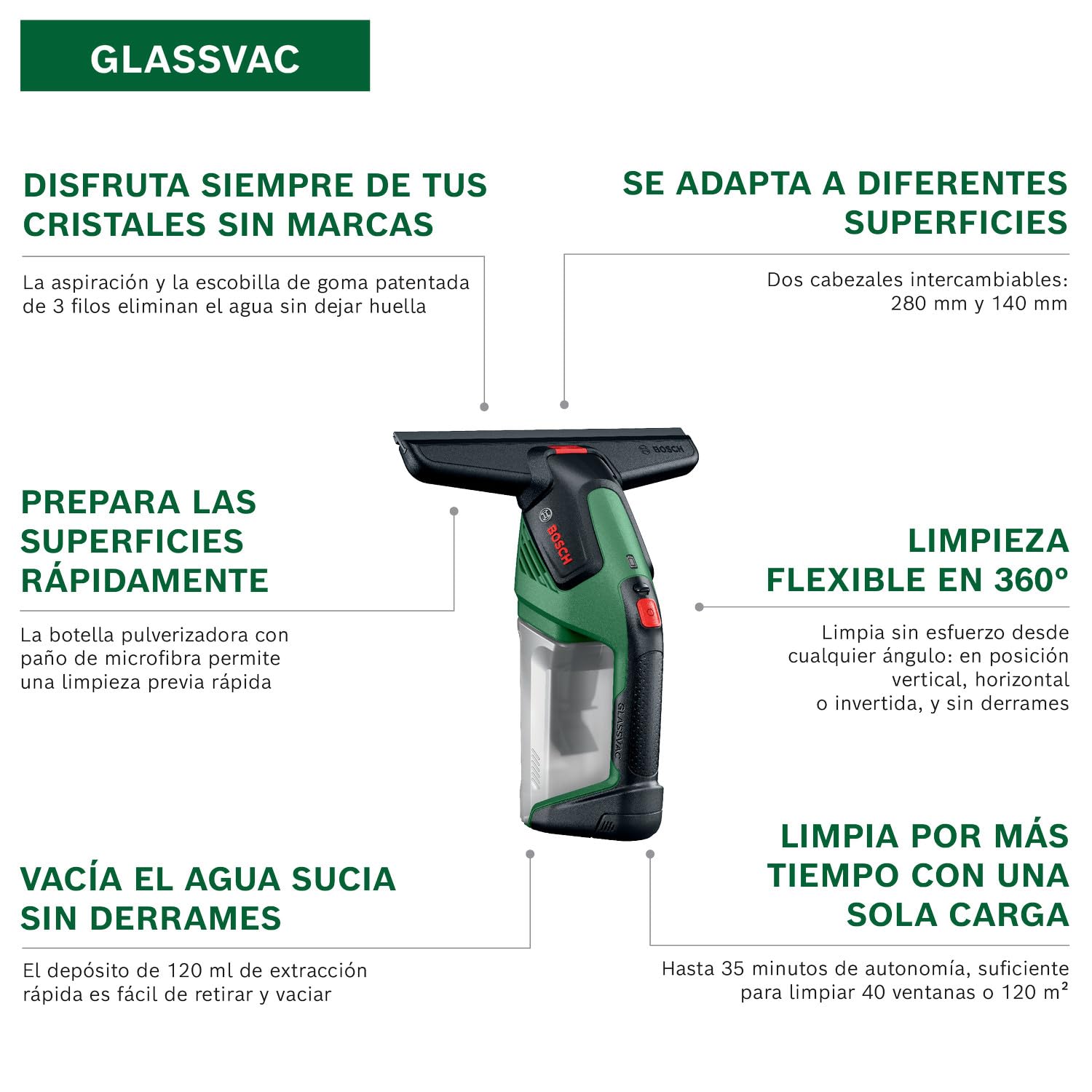 Bosch GLASSVAC Limpiador de cristales (batería de Compact Power BA de 4 V de 2,0 Ah, caja de cartón)