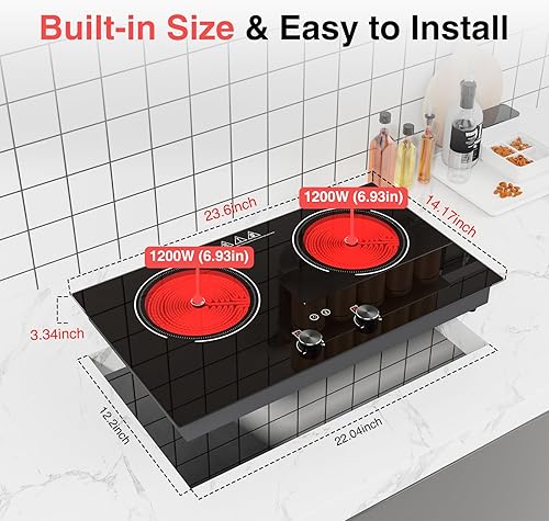 Miniatura 2 de Cocina eléctrica de 2400 W estufa eléctrica de 24 pulgadas, placa caliente de 2 quemadores, placa de cocción de doble quemador, encimera de control