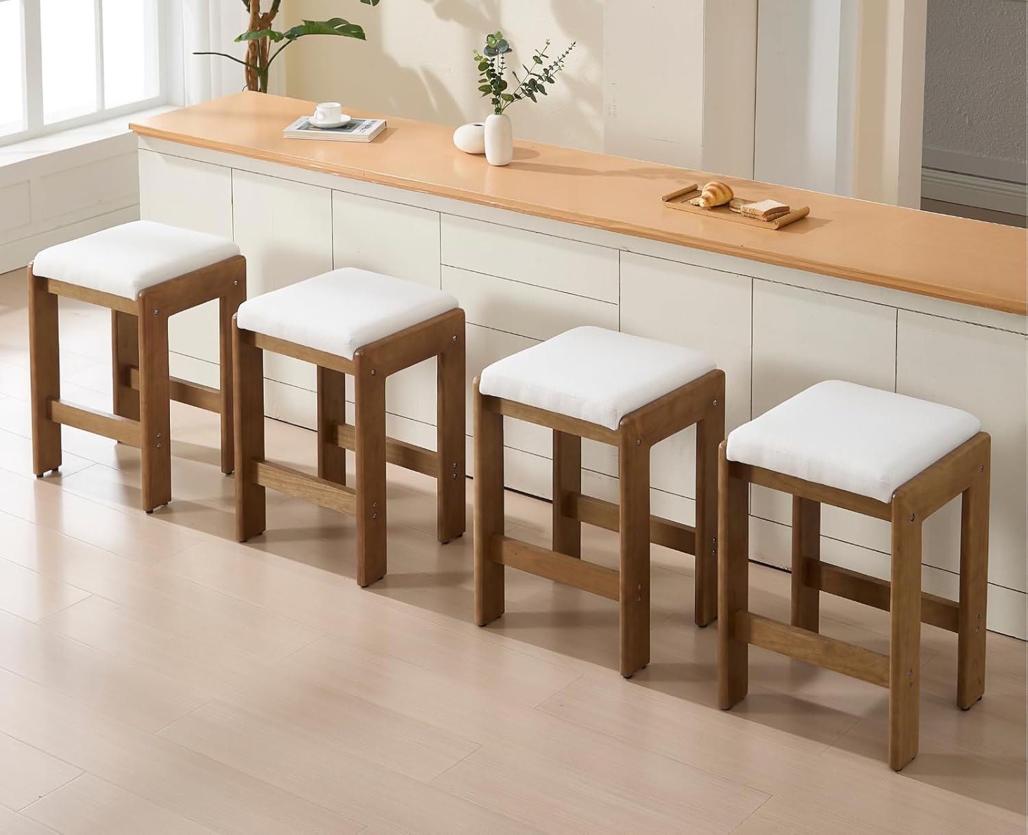 CIMOTA 27 Inch Wooden Bar stools Set of 2, Backless Saddle Counter Height Stools with Fabric Upholstered Cushion, Modern Farmhouse Wood Stool Chair for Kitchen Island/Counter/Bar, Linen Beige