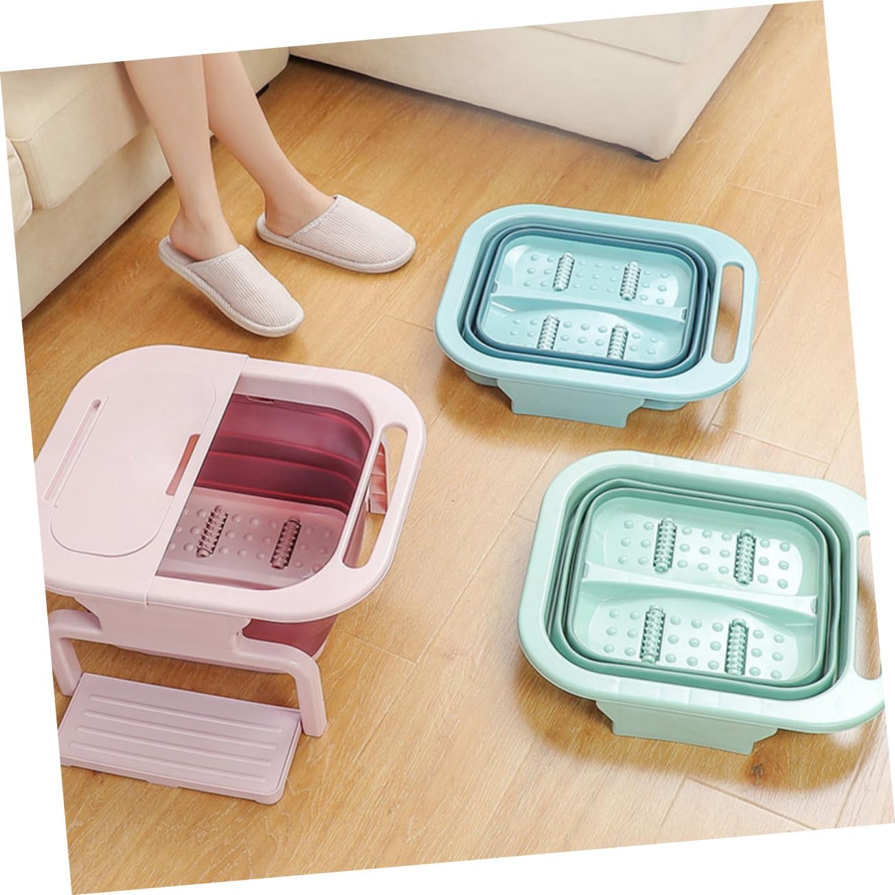 Lavabo para Pies Plegable Grande con Rodillos de Masaje, Rosa Pp