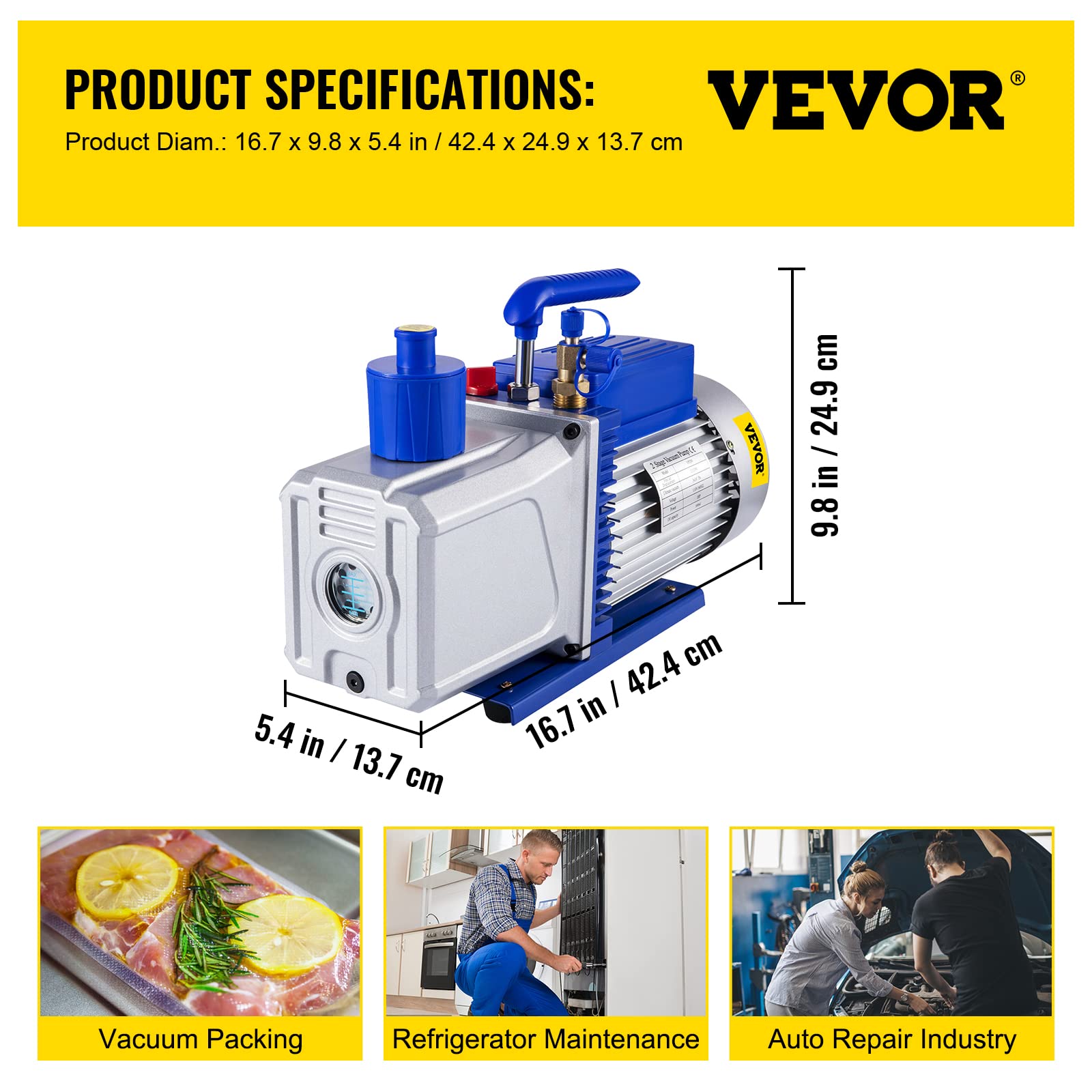 VEVOR Refrigerante Bomba de Vacío 10 CFM 2 Etapas 1HP Herramientas de Refrigeración Aire Acondicionado Velocidad 2000 r/min Capacidad de 600ml Bomba de Vacío de Refrigeración para Envasado al Vacío