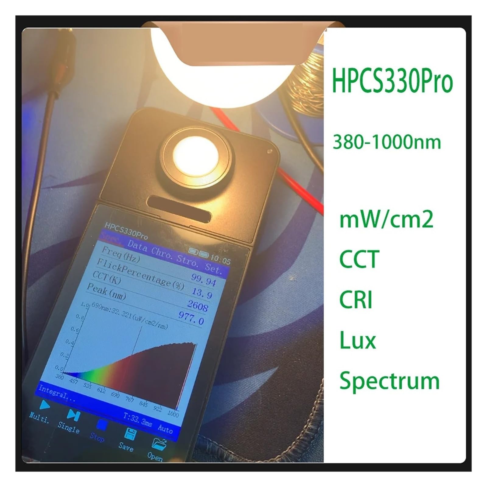 HPCS330P Einzelstrahlspektrometer 380-1000 nm CCT CRI PAR | Lichtflimmertester, Laborspektrum-Analysegeräte
