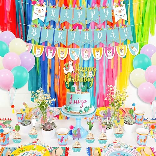 Miniatura 6 de Suministros de fiesta de cumpleaños de llama, decoraciones de fiesta de cactus con llama y cactus, pancarta de cumpleaños, decoración de tartas,