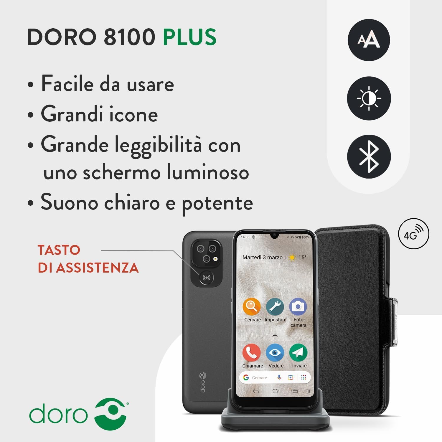 Doro 8100 Plus 4G Smartphone Sbloccato per Seniors, Resistente all'acqua, con tripla fotocamera, schermo 6.1", GPS, riconoscimento facciale, supporto caricatore e custodia (nero)