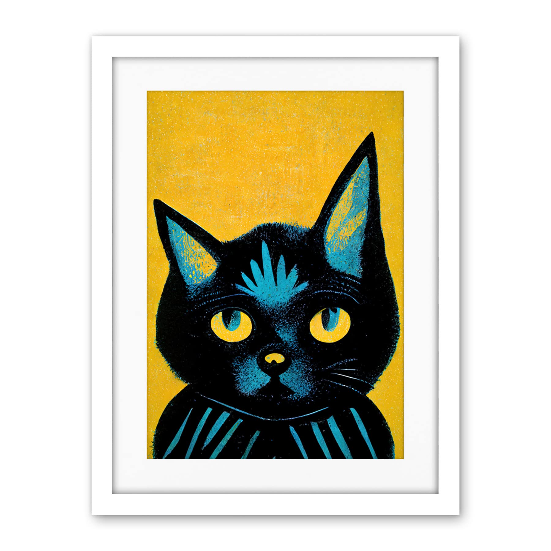 Wee Blue Coo Quirky Bold Black Cat Yellow Blue Artwork Framed Wall Art Print 18X24 Inch