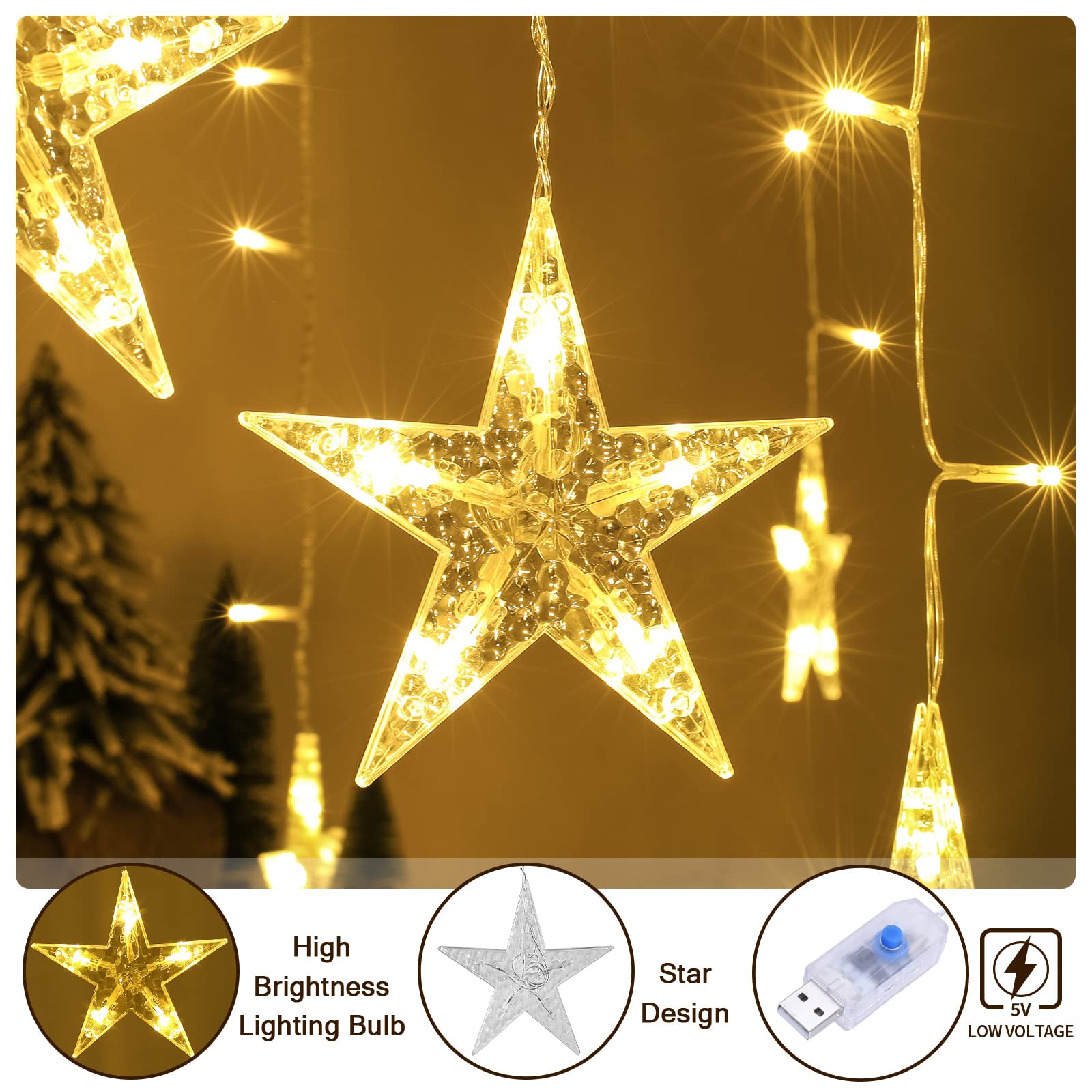 BLOOMWIN Lichtervorhang Stern Lichterkettenvorhang USB 8Modi Stimmungslichter Weihnachtsbeleuchtung für Fenster Tür Innen Sternenvorhang Warmweiß (Packung mit 2)