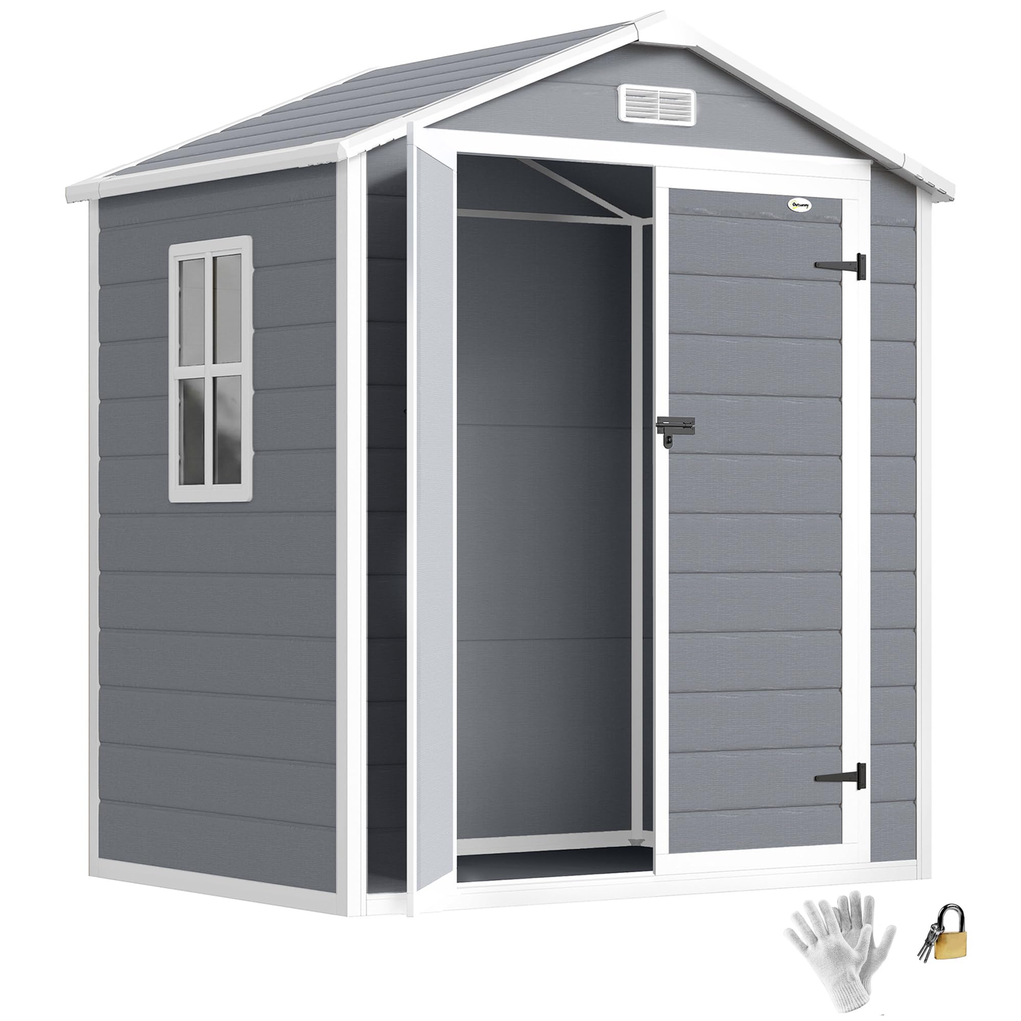 Outsunny Abri de Jardin cabanon en résine polypropylène 2,​12 m² - 2 Portes 1 fenêtre et 1 Grille d'aération, Toit en Pente, Gris