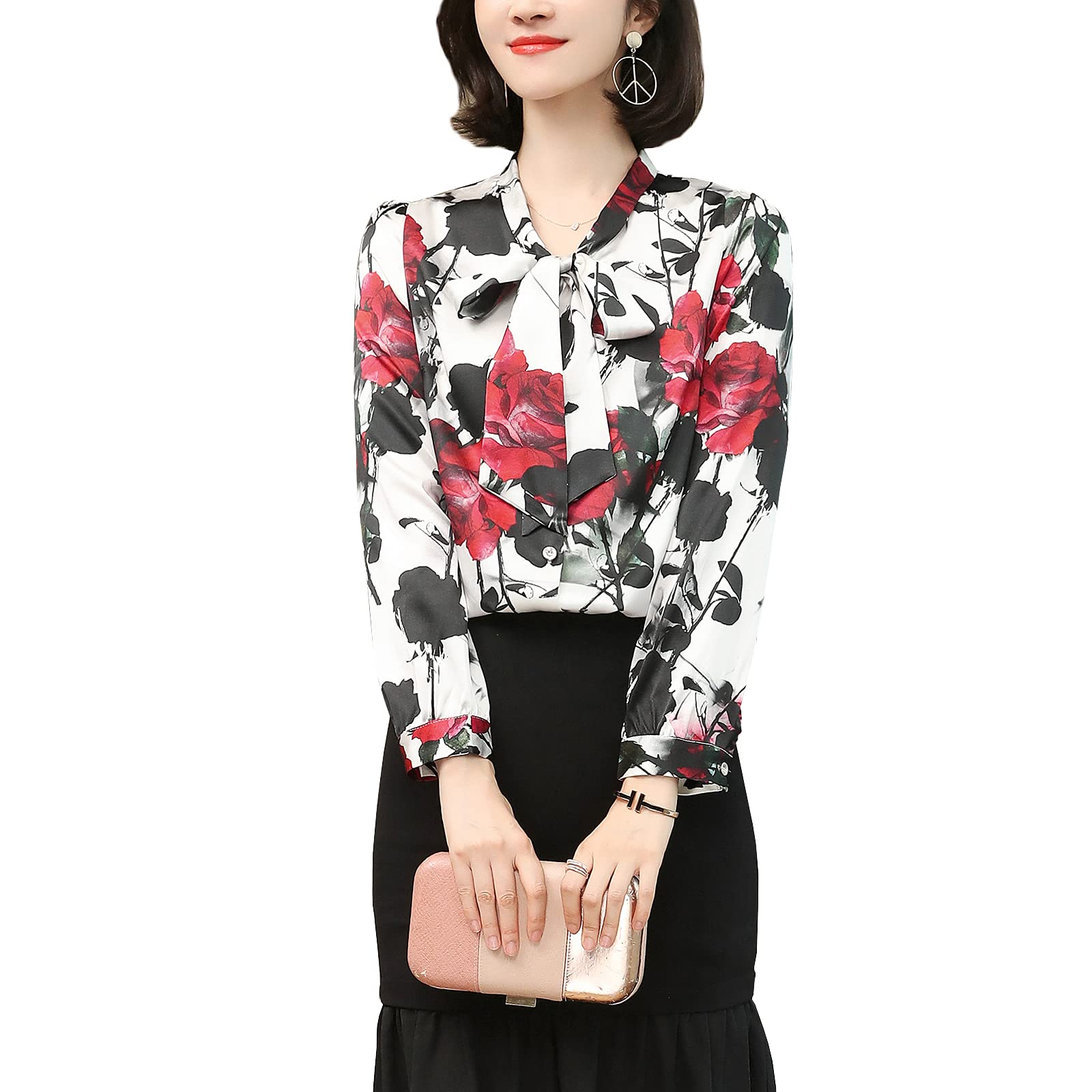 E-girl Blusa de seda para mujer con estampado de puente, blusa de manga larga para mujer, blusa de seda, S3512