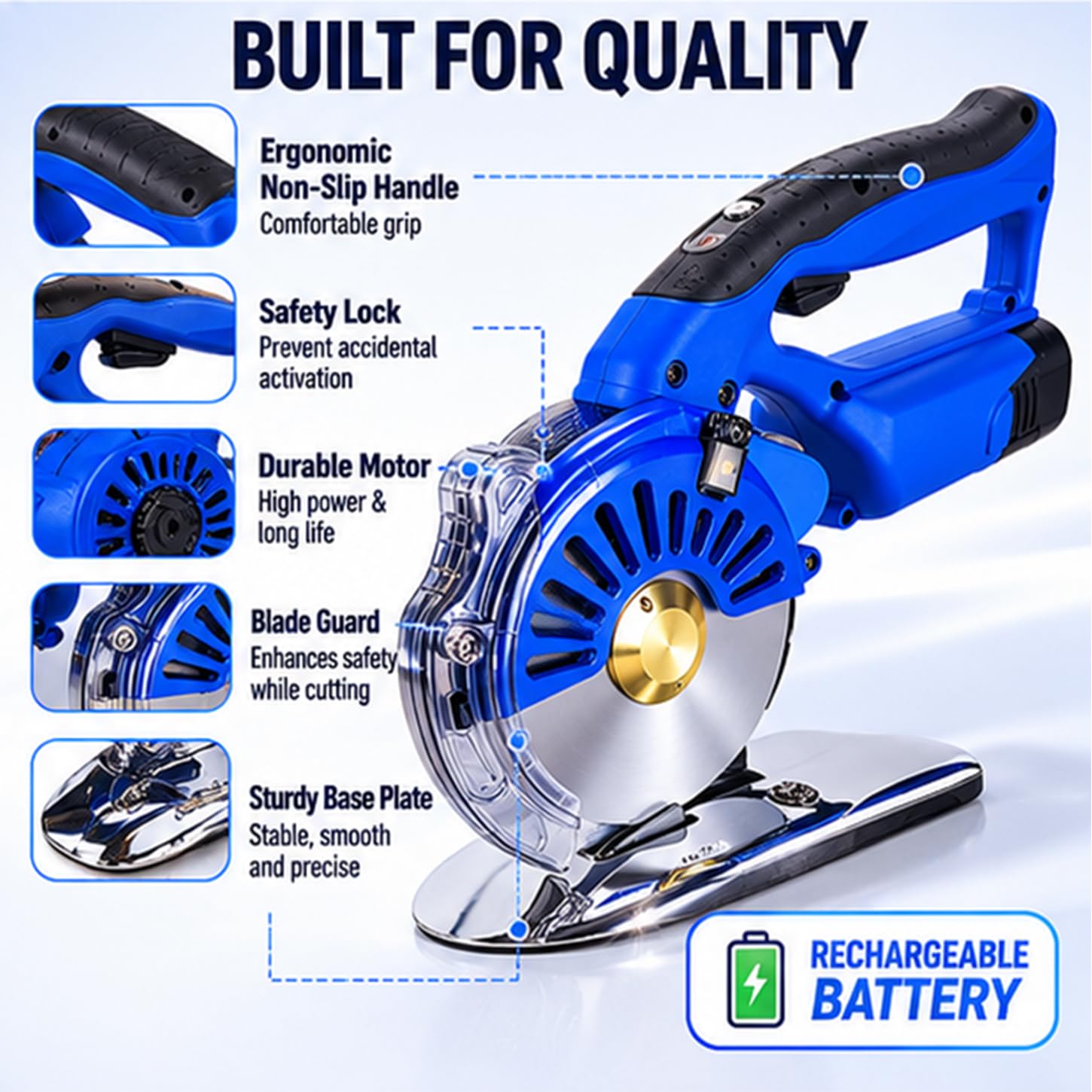 Cortador giratorio eléctrico inalámbrico de tela, velocidad ajustable, 5 velocidades con 2 baterías para tela, cuero, seda, hoja de 125 mm