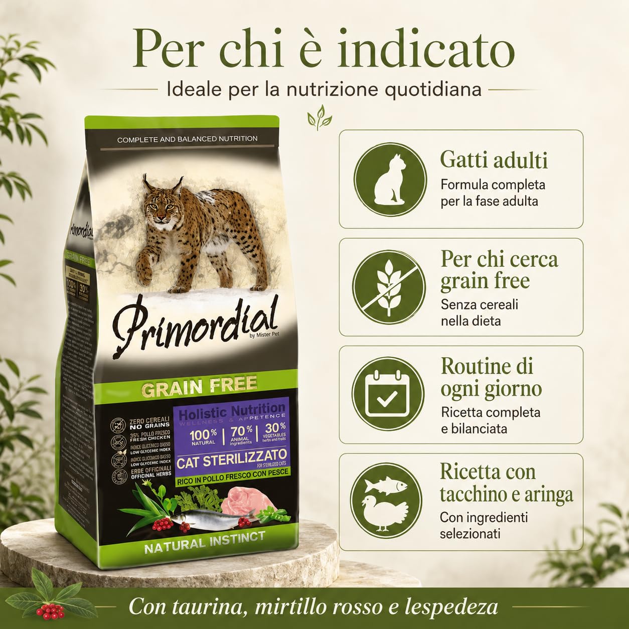 Primordial Neutered Crocchette Gatto Adulto Tacchino e Aringa, Mangime Secco Grain Free per Gatti Adulti, Alimento Completo con Taurina, Mirtillo e Lespedeza, 6 kg