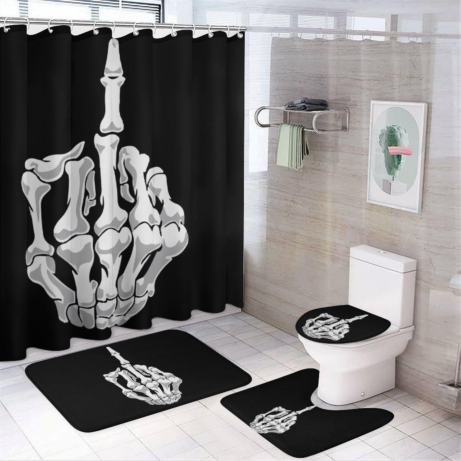 CGSBNGHA Skull Middle Finger Shower Curtain Set 4 Piece Bathroom Sets with Rugs Toilet Lid Cover And U-Shaped Floor Mat