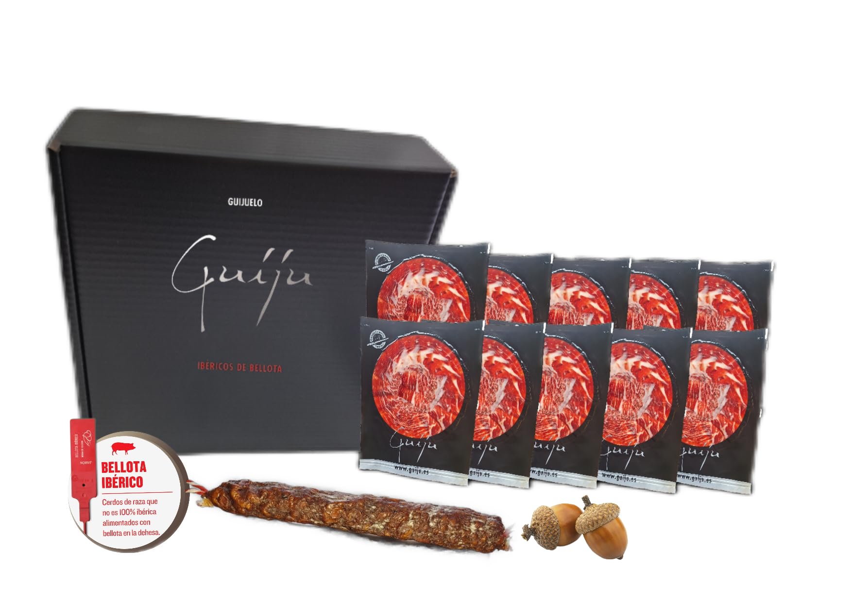 JAMÓN IBÉRICO DE BELLOTA 50% RAZA IBÉRICA -10 PLATOS DE 100 GR A CUCHILLO+ REGALO CHORIZO O SALCHICHÓN IBÉRICO DE BELLOTA-LONCHEADO- MARCA GUIJU-FABRICA DE SALAMANCA-REGALO NAVIDAD.